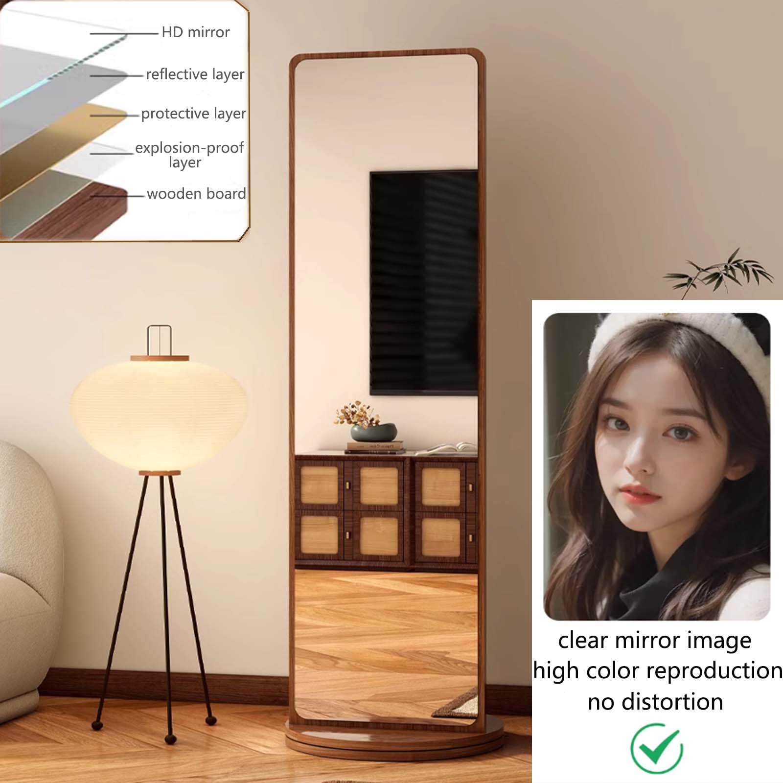 Specchio a Figura Intera con Scaffale di Stoccaggio, Specchi da Girevole a 360° e Libreria a 5 Livelli, Specchio da Pavimento per Camera da Letto e Soggiorno