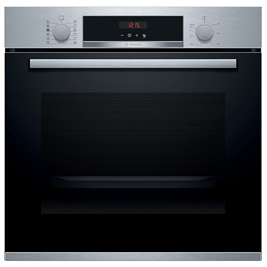 BOSCH Serie 4 HRA574BS0, Horno Multifunción con vapor añadido, A, Encastrable, 60 cm, 71 l, 7 F, Pirólisis & Asistente de limpieza, Ap. Abatible, Cristal negro/inox