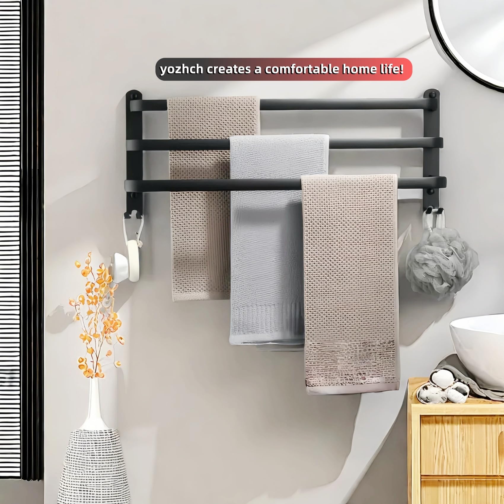 yozhch Black Towel Rail with Hooks, 3-Tier Towel Rack Wall Mounted Bathroom Towel Holder - Image 2