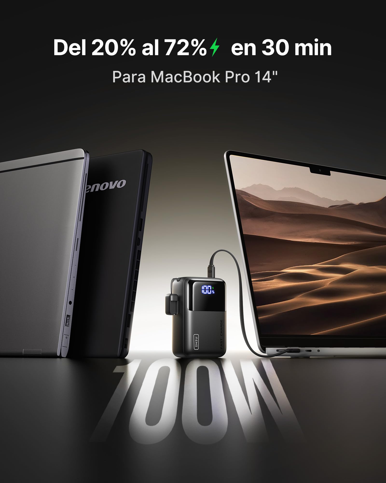 INIU Laptop Power Bank, Pequeño 25000mAh 100W Carga Rapida Batteria Externa | Cable USB C Desmontable, Apto para Avión de Viaje, Bateria Portatil para MacBook, Steam Deck, iPhone 17, Samsung, iPad etc