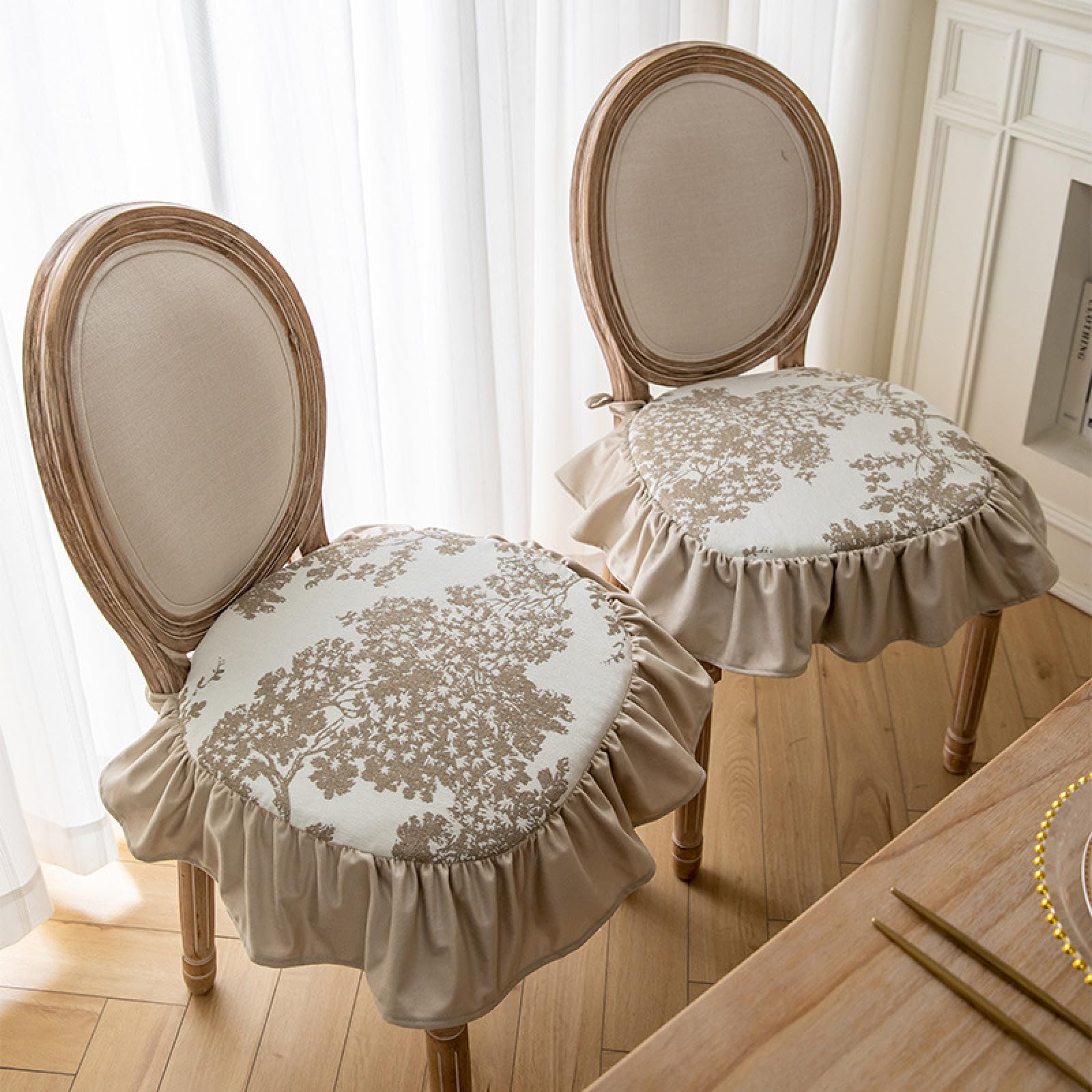 Coussin de chaise à volants floraux 45x45 cm forme U avec attaches en tissu kaki pack de 2