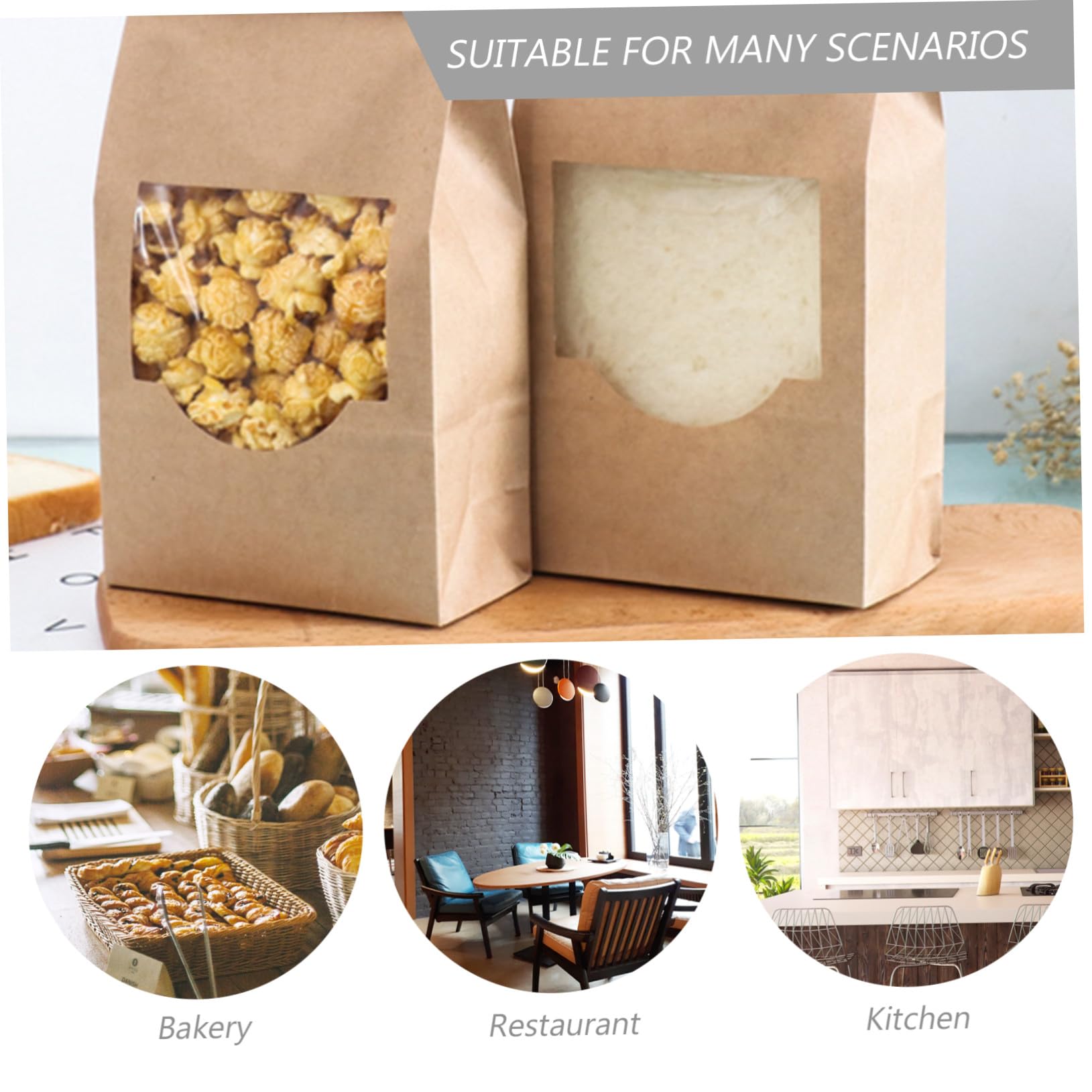 INOOMP 100 pièces Papier Kraft pour Biscuits avec Fenêtre Fermeture Sécurisée Sacs Emballage Anti-huile pour Pâtisserie Adaptés pour Usage Domestique et Commercial