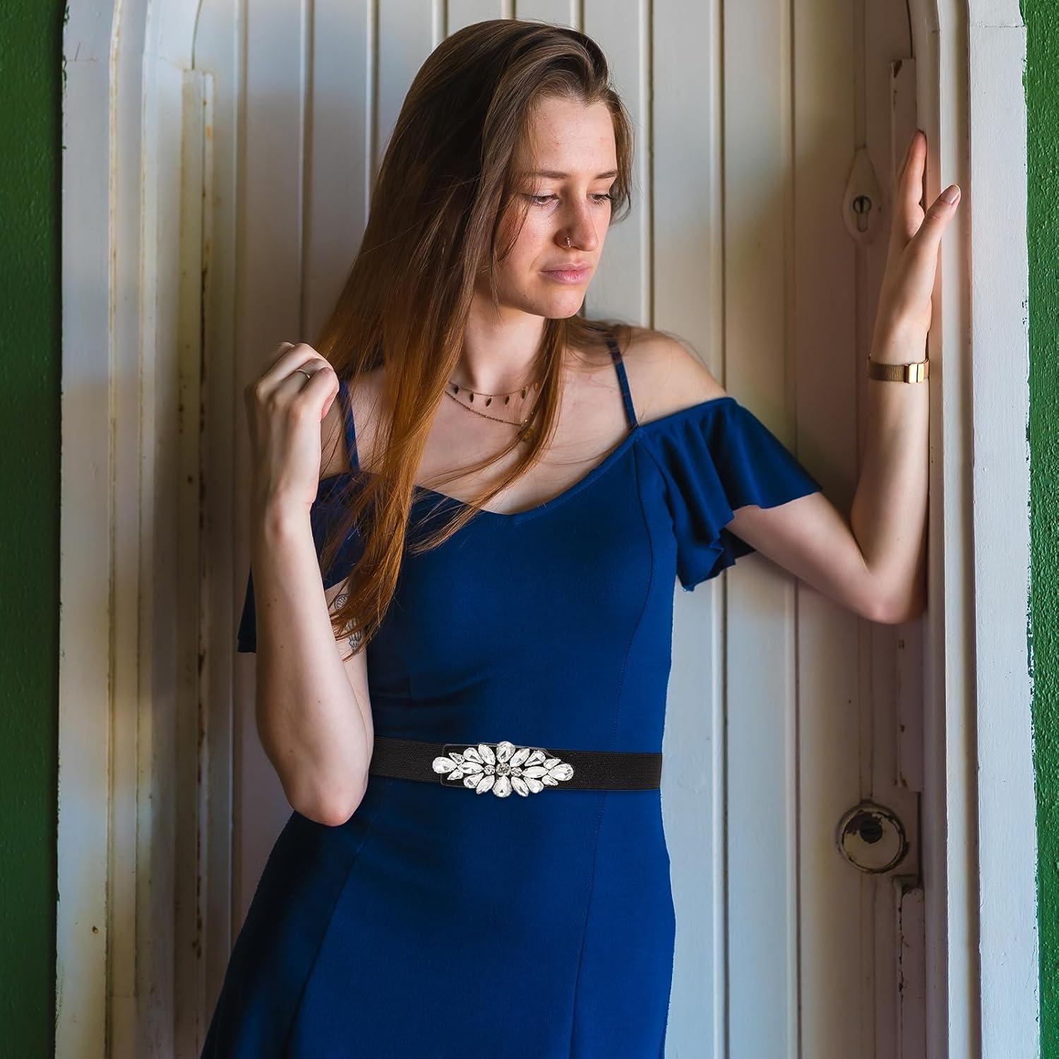 Womens Belts for Dress Fashion Rhinestone Elastic Bow Belt Skinny Waist Belt - Image 7