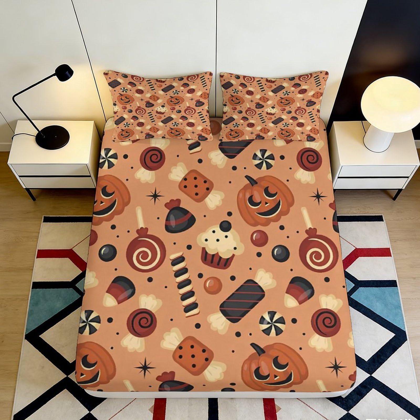 3D Printed Halloween Candy Fitted Sheet Microfiber Soft Decorative Pumpkin Bed Cover for Bedroom Dorm Guest Room 90x200x25cm