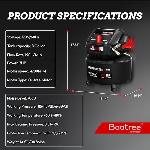 Miniatura 5 de Compresor de aire portátil de 8 galones, tanque de compresor de aire libre de aceite máximo de 150 PSI, motor de 2 HP 2.8 SCFM a 90 PSI, compresores
