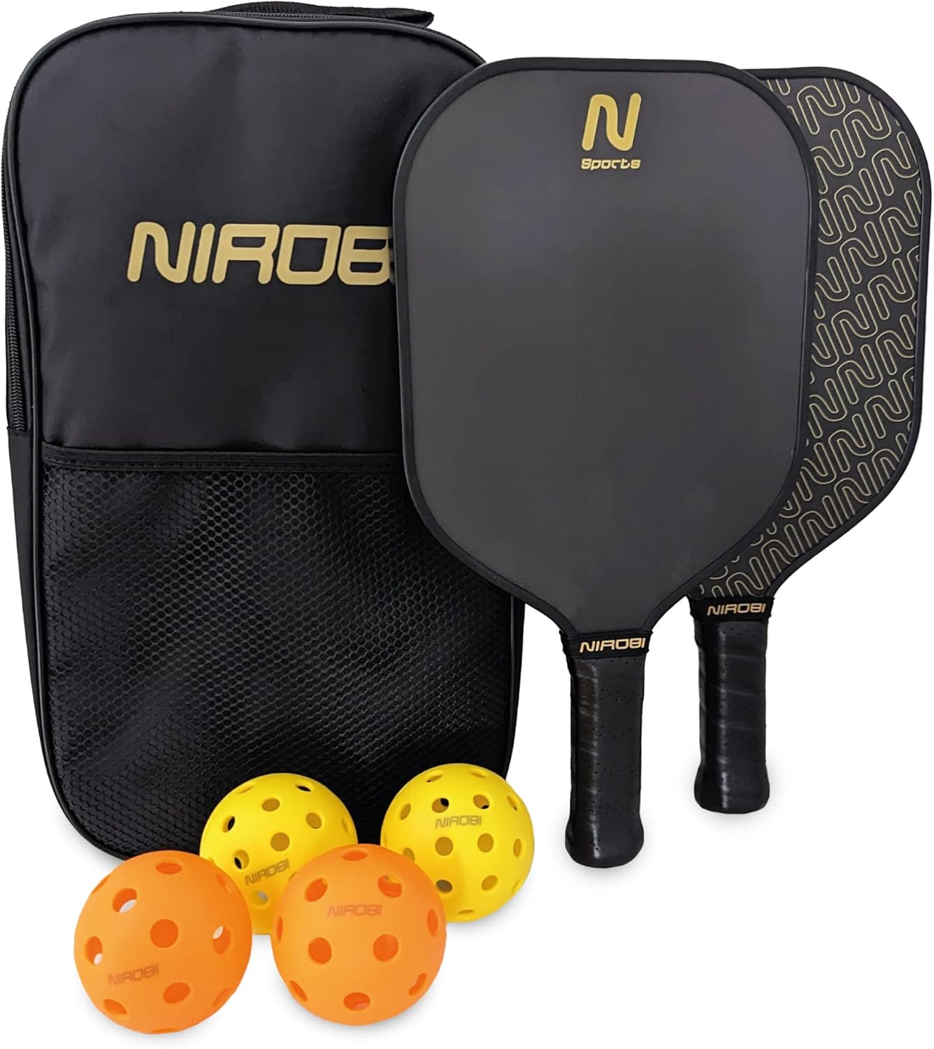 NIROBI Sports Carbon Core Pickleball Paddle Set 2 Professional Carbon Fiber Paddles, 4 Balls