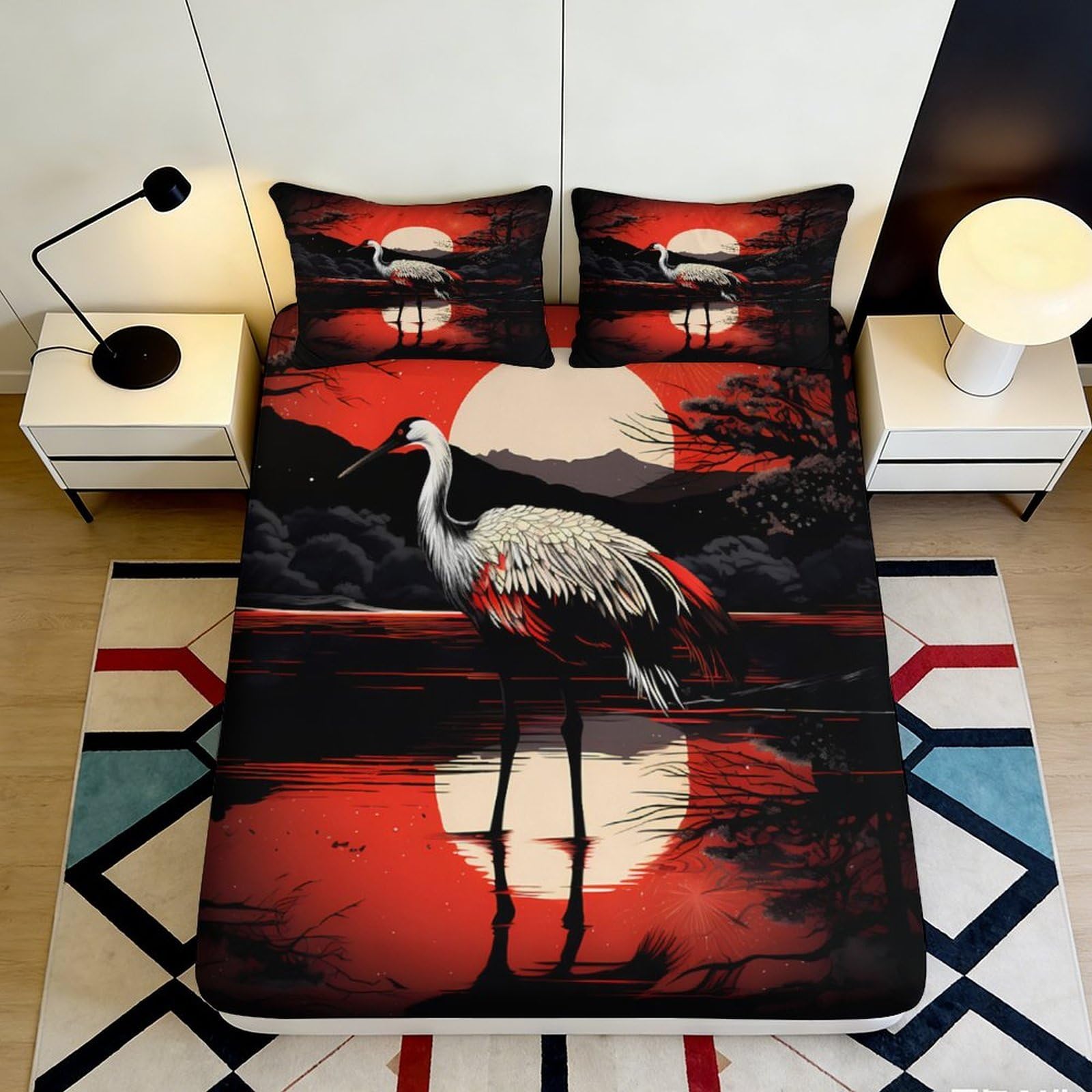 3D Printed Red Crane Sunset Fitted Sheet Microfiber Soft Breathable Lake Scene Mattress Cover for Bedroom Dorm Decor 90x200x25cm