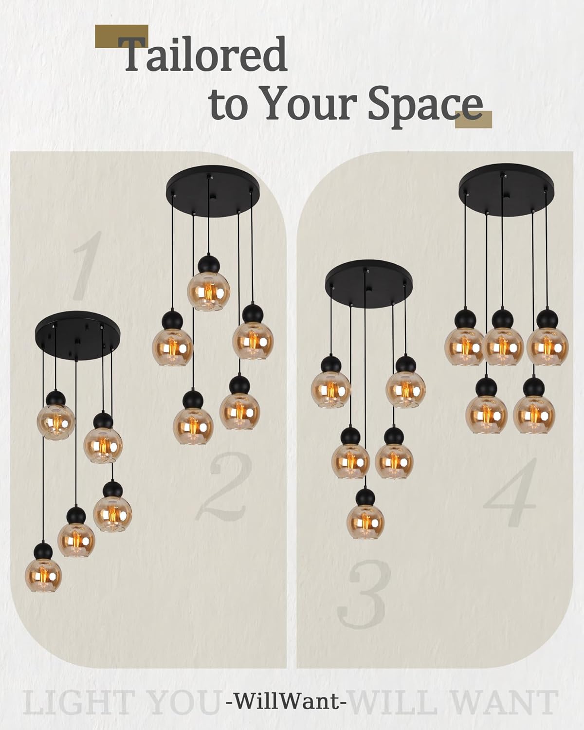 5-Light Chandelier Cluster Pendant Lights, Mid Century Modern Chandelier with Amber Glass Shade, Adjustable Hanging Cord Ceiling Light for Living Dining Room Foyer