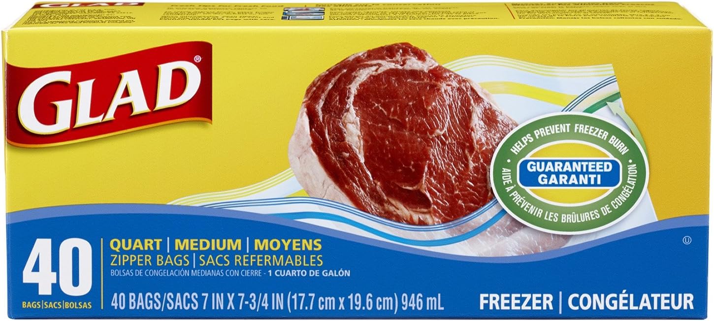 Glad Zipper Freezer Storage Plastic Bags, Quart, 40 Count (Packaging May Vary)