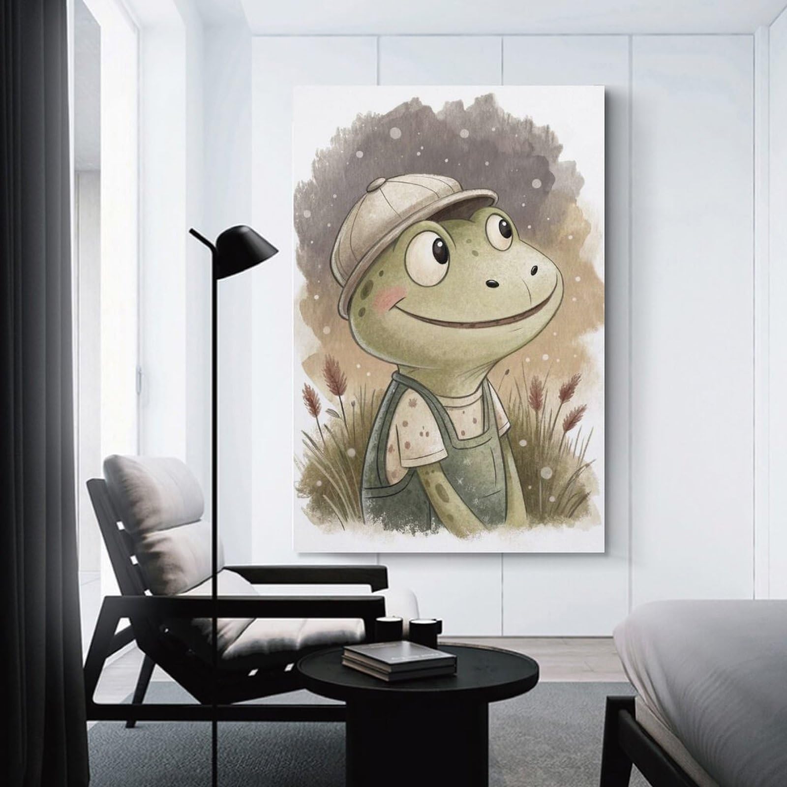 Junmoney Cute Frog Wearing Overalls And Hat Canvas Wall Decor 24x36inch(60x90cm), for Calm Bedrooms, Home Corners Or Flats, An Easy Wall Refresh for Bedrooms