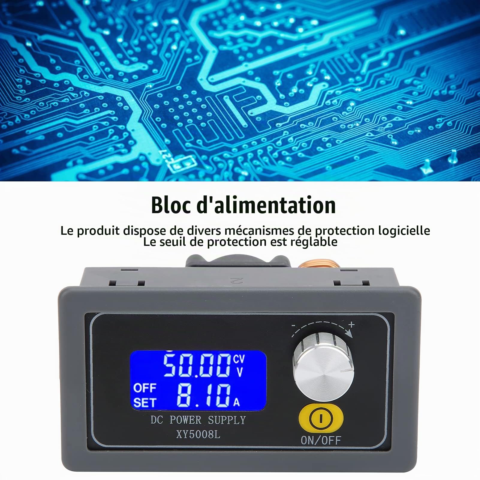 Alimentation CC Réglable 50V 8A, Régulateur de Tension Constante Réglable CNC Alimentation de Laboratoire, Entrée DC6.0-55V, Sortie DC0-50V