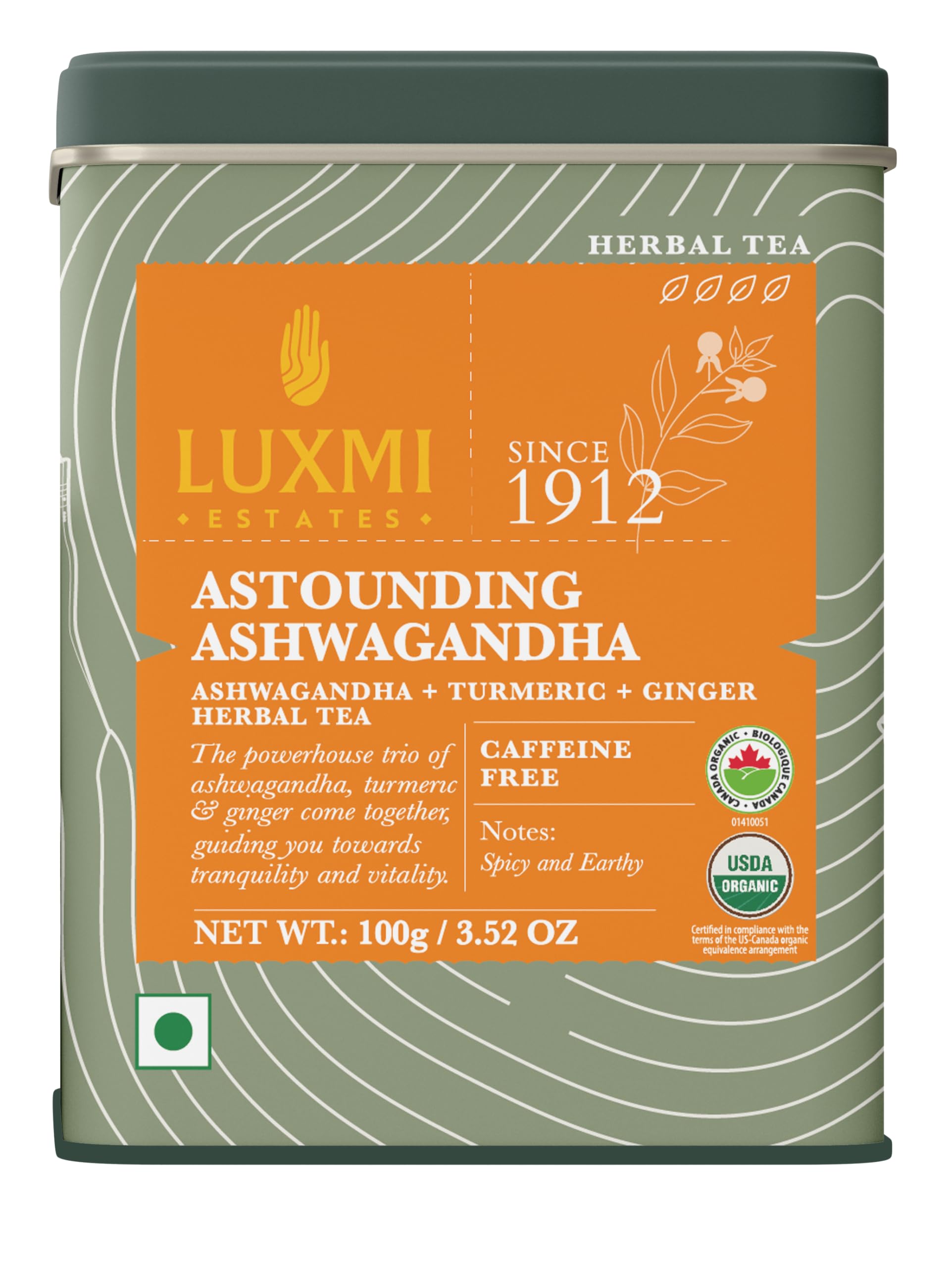 LUXMI Estates Astounding Ashwagandha Root Herbal Tea – 100g Loose Leaf Pack | USDA Organic | With Turmeric, Ginger, Lemongrass & Herbs | Stress Relief & Wellness Support | 50 Cups