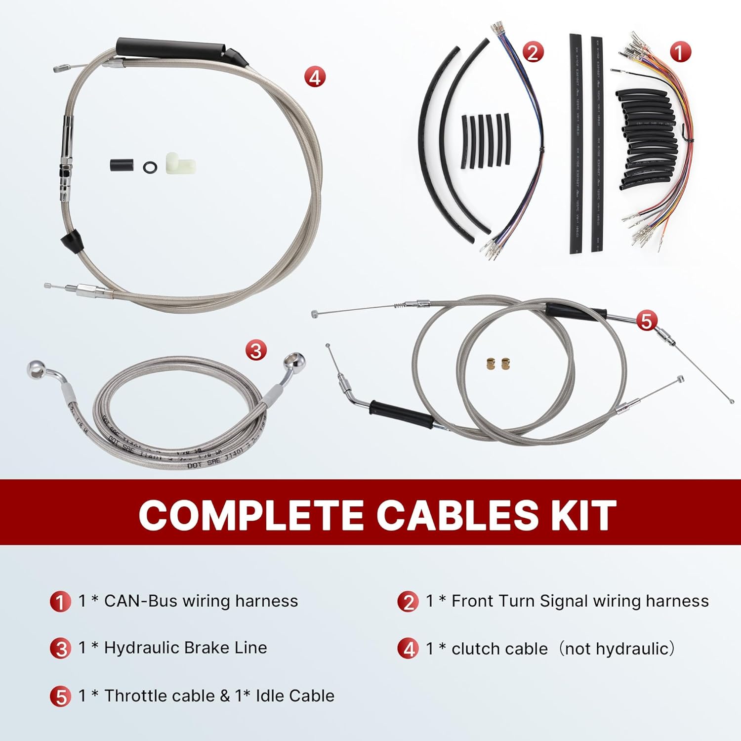 14" Dyna Cables Kit Handlebar Extended CAN-Bus/Turn Signal Wires/Clutch/Throttle Cables/Brake Line for 1996-2006 Non-ABS Dyna FXD Super Glide, FXDWG Wide Glide, FXDL Low Rider, Chrome
