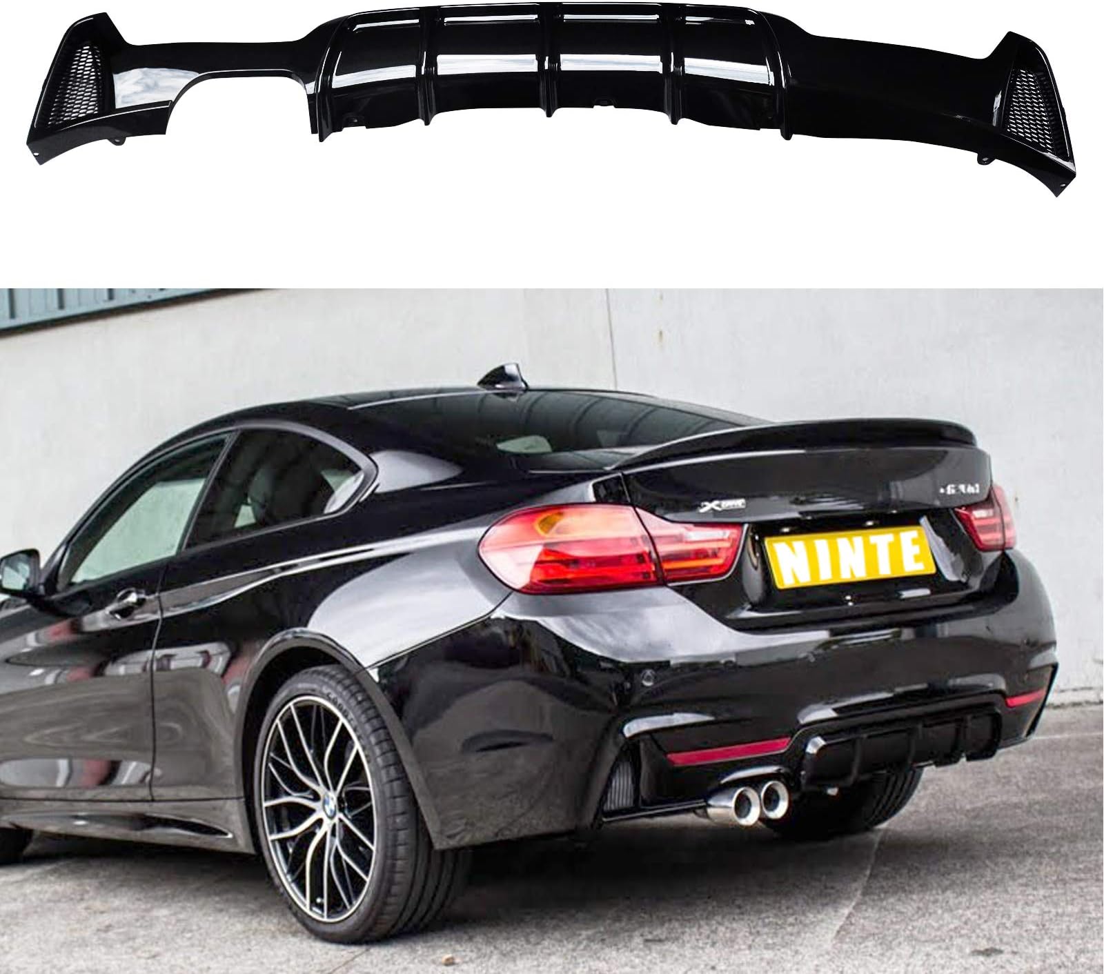 NINTE Rear Diffuser for 2014-2020 BMW 4 Series F32 F33 F36 420i 420d 428i 430i | M Performance Gloss Black Single Exhaust Two Outlet Lower Bumper Lip