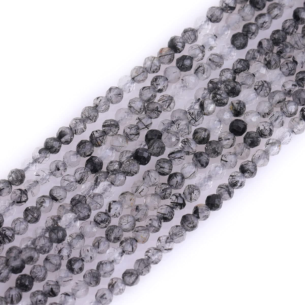 Gem-Inside 2mm AA Grade Black Rutilated Quartz Natural Gemstone Faceted Round Semi Precious Loose Seed Beads for Jewellery Making 15" Strand