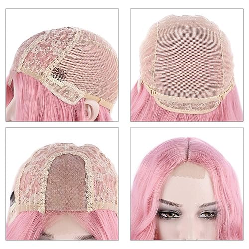 Miniatura 7 de 673HT - Peluca ondulada color rosa, cabello sintético de 28 pulgadas, resistente al calor, perfecta para cosplay, fiestas y uso diario