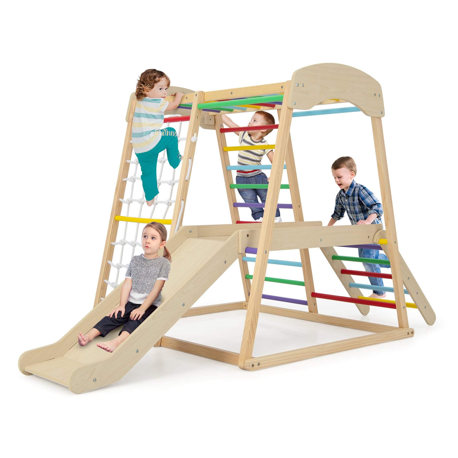 GOPLUS Kinder Klettergerüst, Kletterspielzeug Set mit Kletterleiter & Rutsche & Kletternetz & Querstange, vielseitiger Spielturm, Kletterturm Indoor aus Holz für Kinder ab 1 Jahr (Bunt)