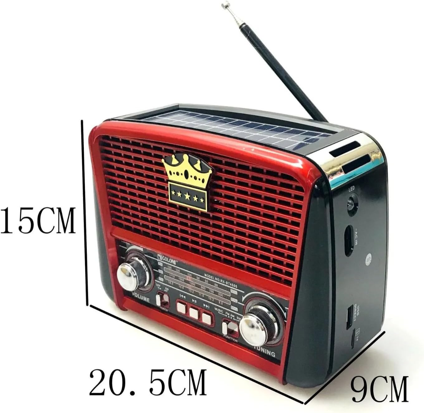 Side view of the Golon RX-BT455 portable radio with dimensions labeled: 15cm height, 20.5cm width, 9cm depth.
