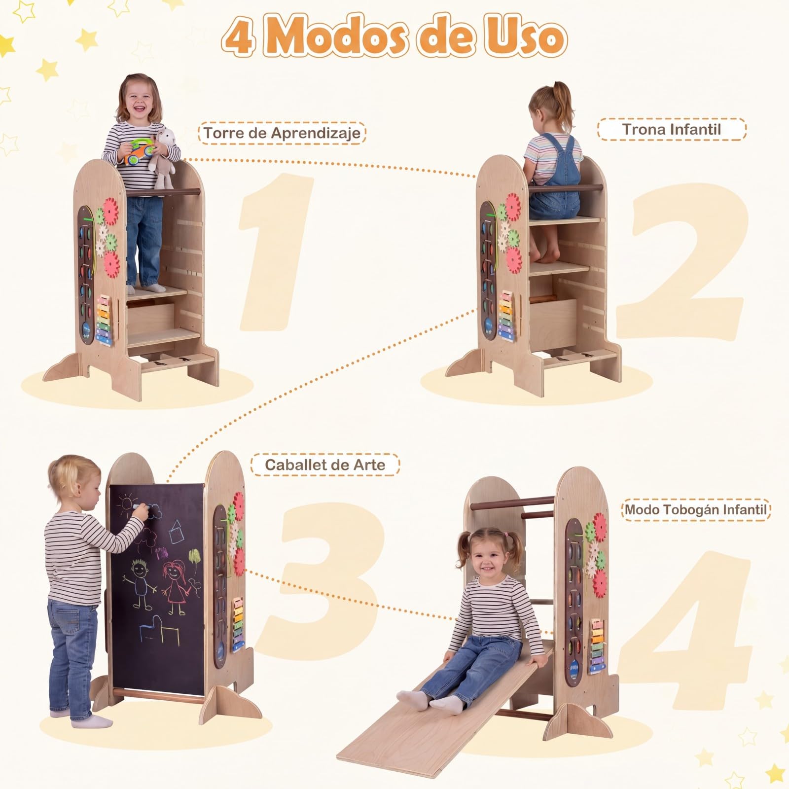 COSTWAY Torre de Aprendizaje Montessori para Niños, 4 en 1 Escalera Cocina Infantil con Altura Ajustable, Pizarra, Tobogán, Barras de Seguridad y Pies Antivuelco,Taburete de Madera para Niños 3+ Años