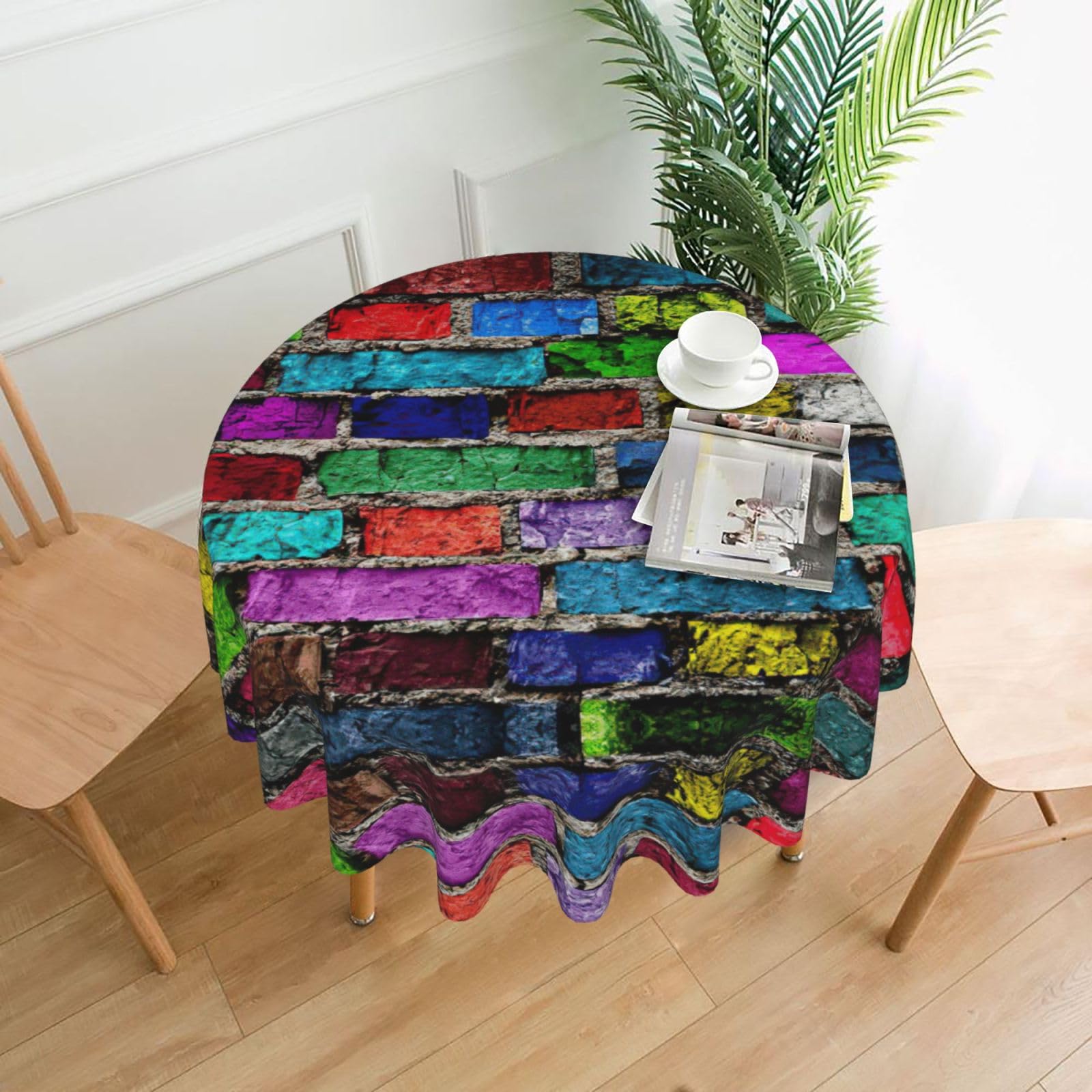SDEGTHO Colorful Brick Print Modern Retro Round Tablecloth 60in Polyester Fabric Cover for Party Dining Table Washable