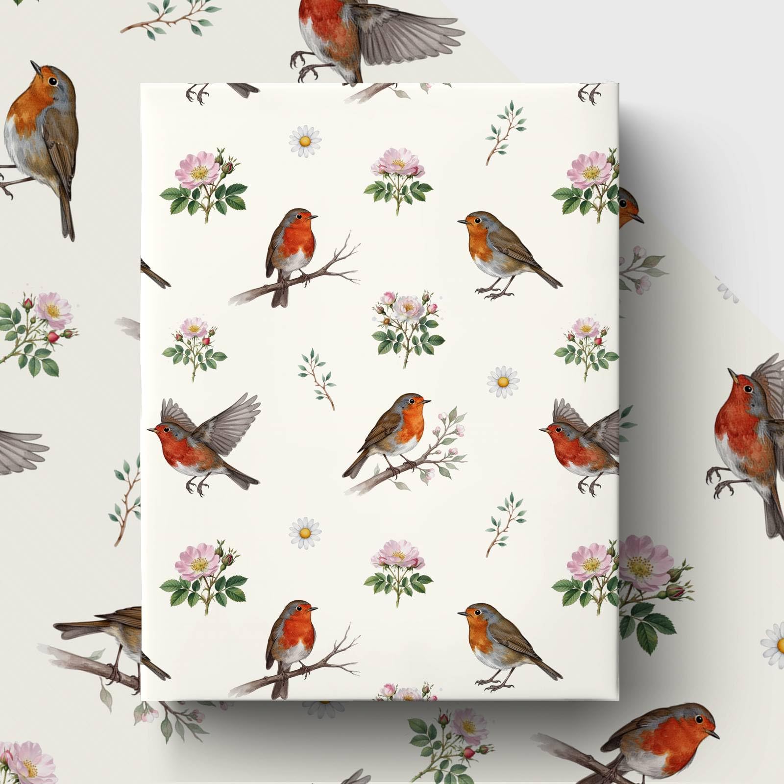 GleeWrap Robin Wrapping Paper, 4 Sheets Wild Rose Bird Gift Wrap for Birthday, Wedding, Party and Holiday Present Packing, 50 x 70 cm