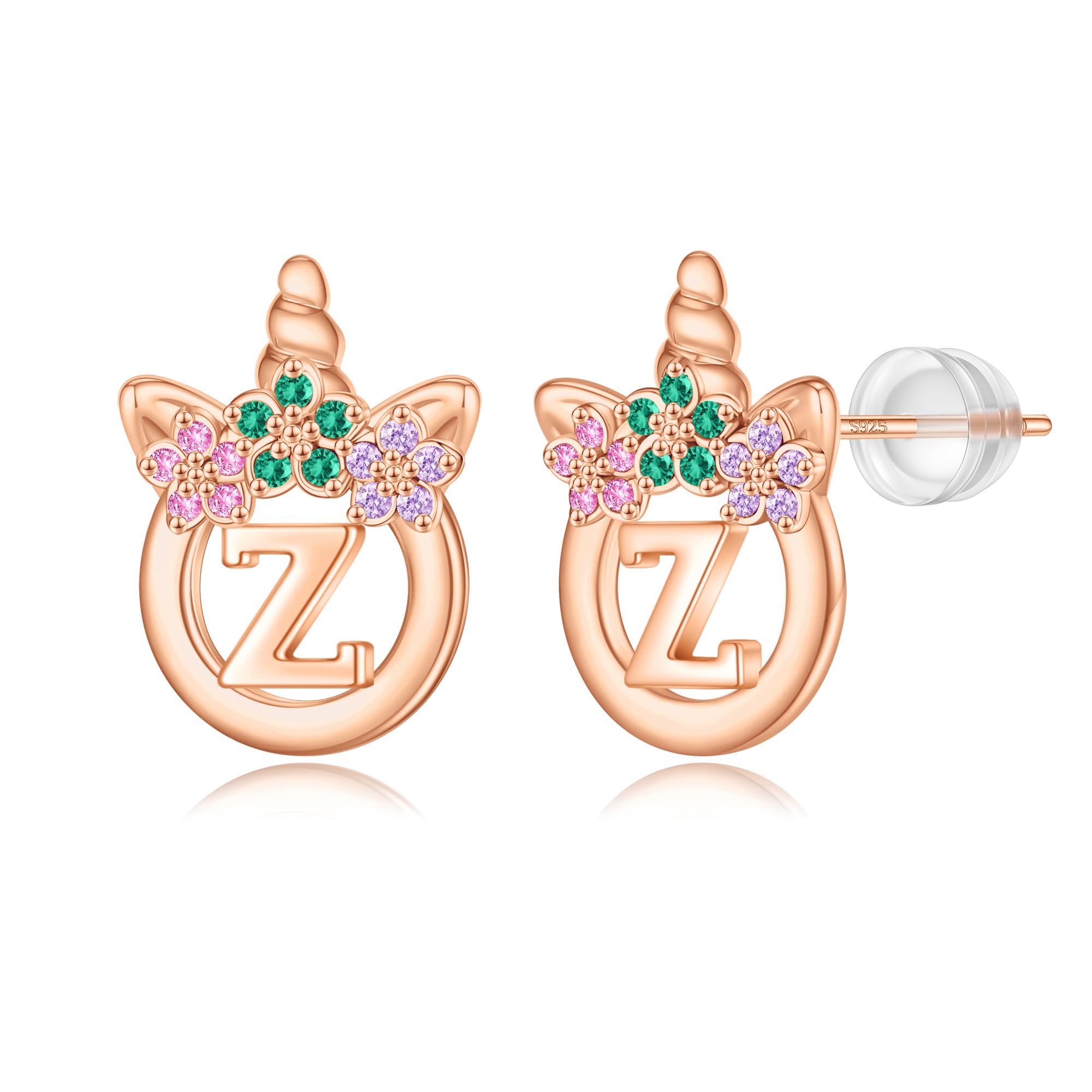 Unicorn Earrings Gifts for Girls - 925 Sterling Silver Stud Earrings Hypoallergenic Initial Unicorn Earring for Girls Kids Jewelry CZ Birthday Gifts
