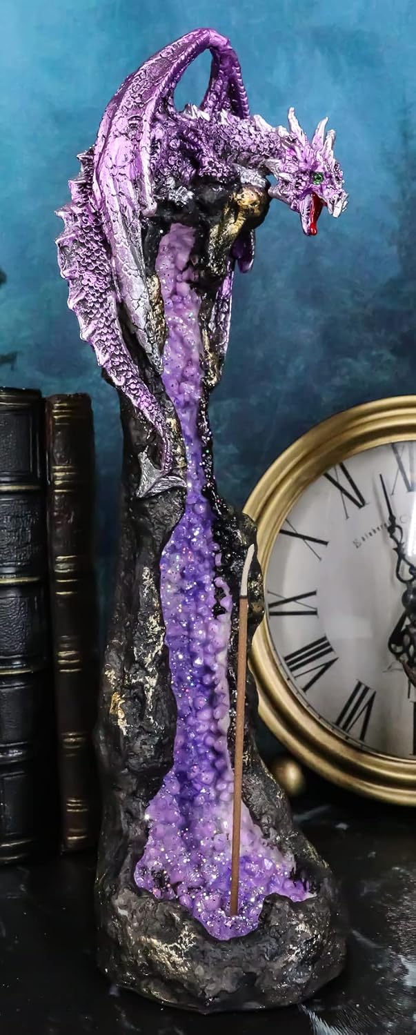Ebros Gift Purple Quartzite Elemental Dragon Guarding Faux Geode Quartz Crystal Quarry Rock Pillar Incense Burner Holder Figurine Fantasy Mythical Dungeons and Dragons Home Decorative Accent