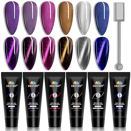 Miniatura 36 de Kit de uñas de gel de poliéster, gel de extensión de uñas de ojo de gato de EBANKU de 6 colores, gel constructor magnético con purpurina, kit 6