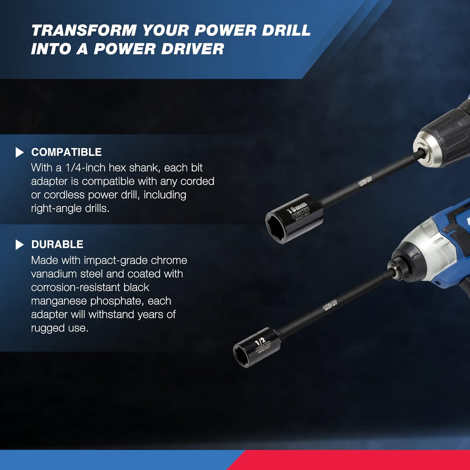 NEIKO 10224A 1/4" Extra Long Security Bit Set, 32 Piece & 00228A Socket Adapter Extension Set | 3-Piece | 1/4, 3/8, 1/2-Inch Drive | 1/4-Inch Hex Shank | 6-Inch - - 