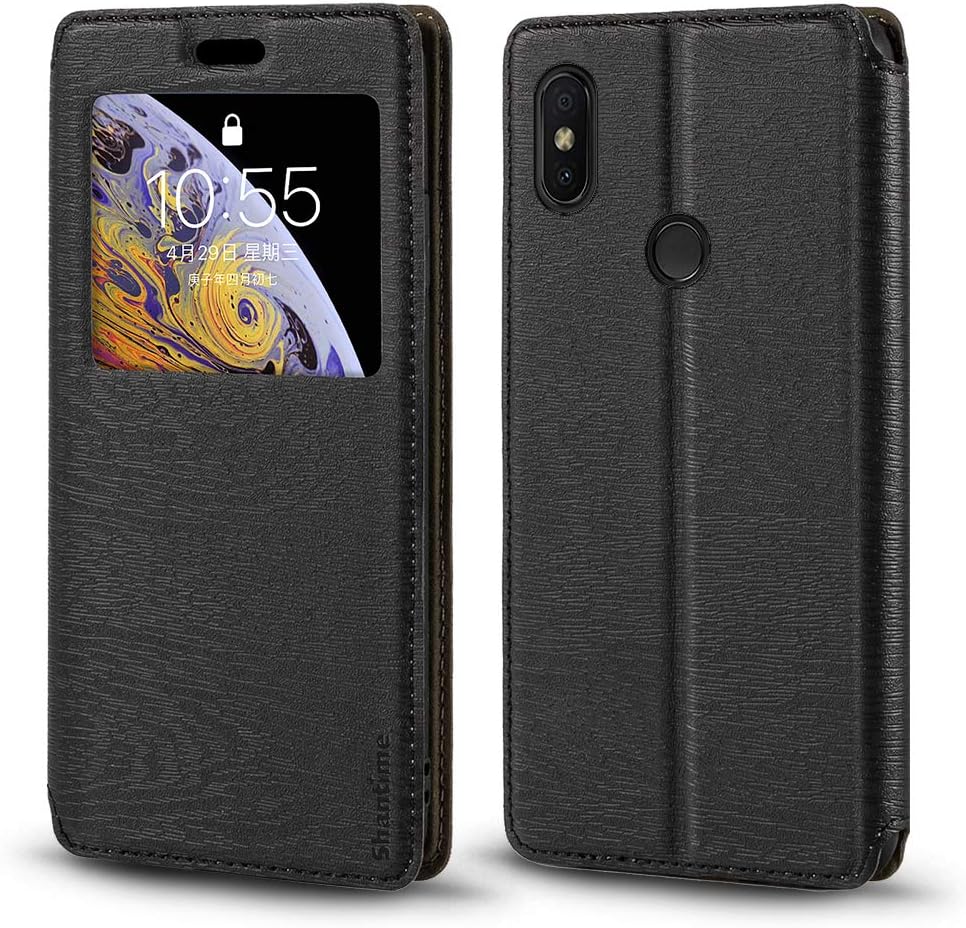 Case Compatible with Xiaomi Redmi S2, Wood Grain Leather Case with Card Holder and Window, Magnetic Flip Cover
