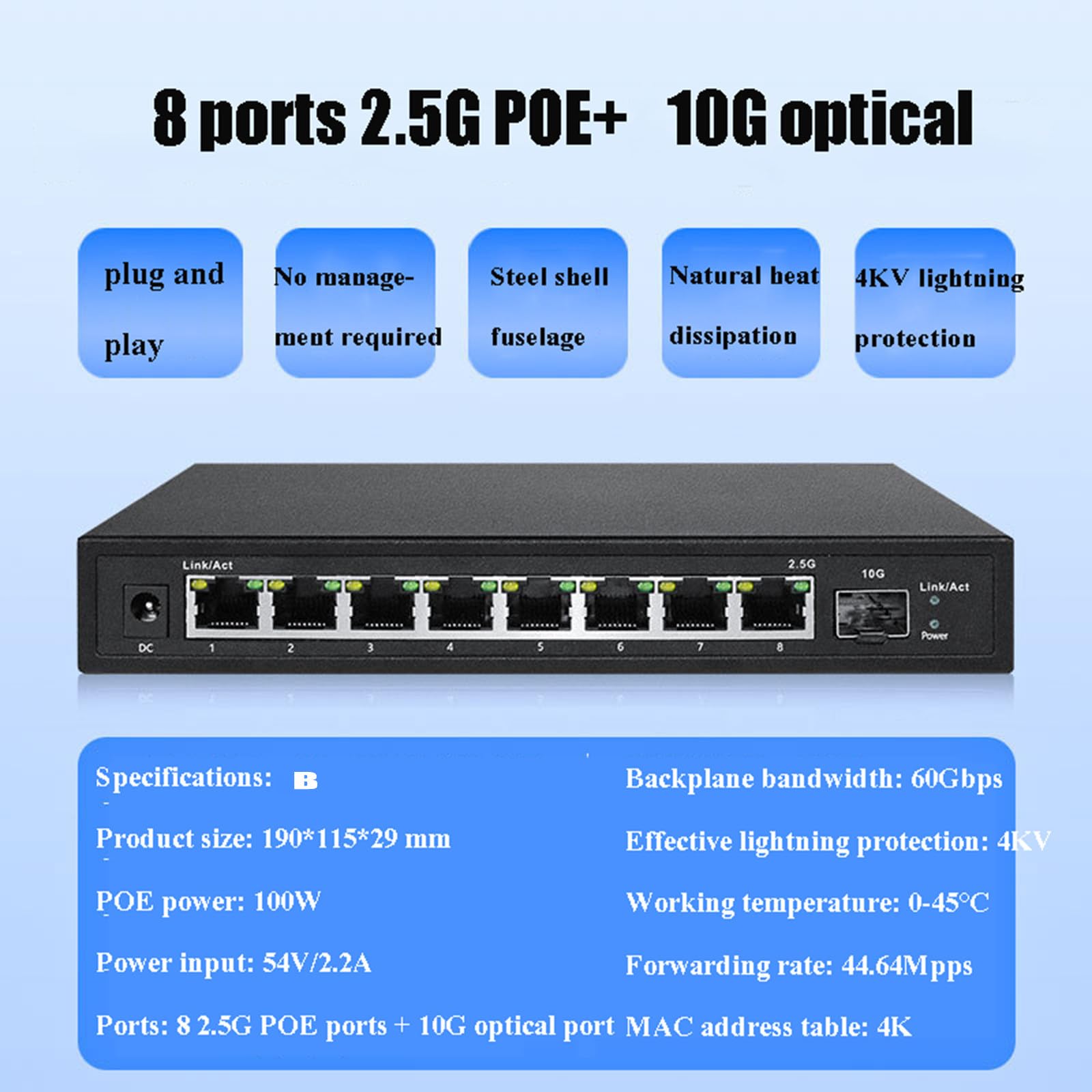 Jootoo Switch gestito in Rete a 8 Porte 2.5G Switch Ethernet con Porta Poe Splitter Internet hub Ottico Plug-And-Play 10G,B