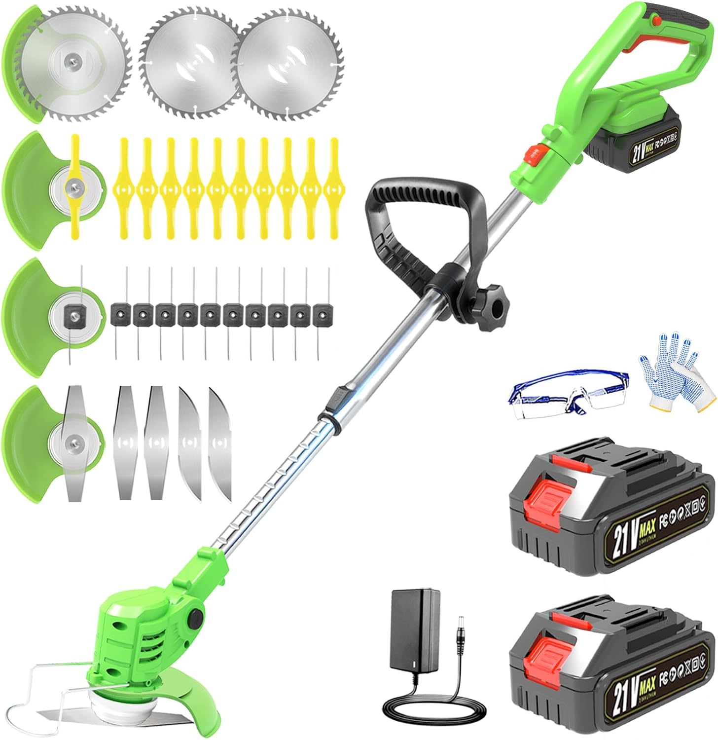 Electric Weed Wacker Cordless: 21V Weed Eaters Battery Powered with 2 Batteries & Charger, Stringless Metal Blade Weed Trimmer 3 in 1 Grass Trimmer/Edger/Brush Cutter for Lawn Yard Garden