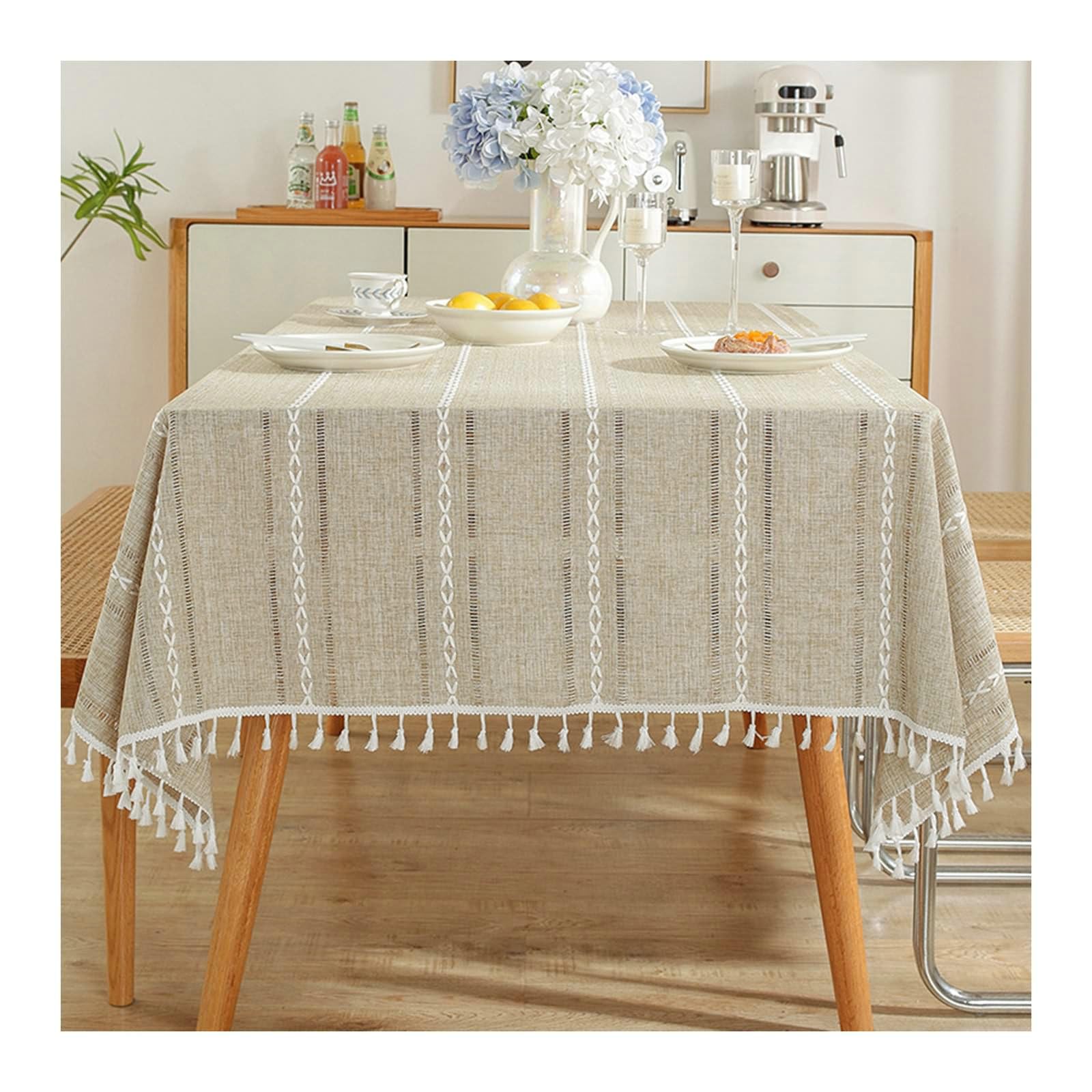 Gualiy Mantel Comedor Cuadrado, Poliéster Mantel de Cocina de Tela 140x240CM Mantel Impermeable Cocina Flores Bordadas a Rayas Manteles para Mesa de Cocina, Caqui