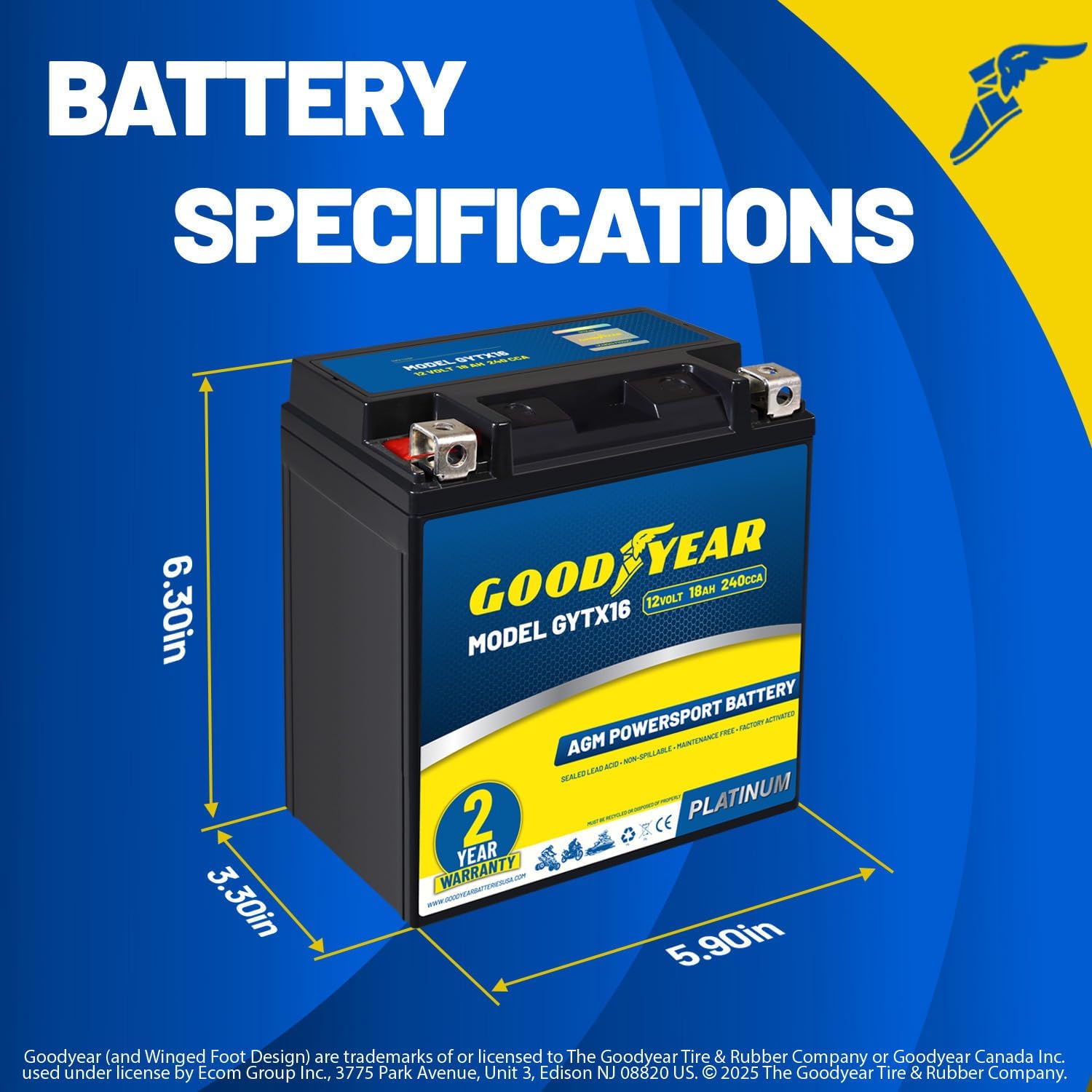 Goodyear GYTX16-12 Volt 18 AH, 240 CCA, Rechargeable High-Performance, Maintenance Free, SLA - AGM Battery for Motorcycle, ATV, UTV, 4-Wheeler, Snowmobile, Watercraft and more!