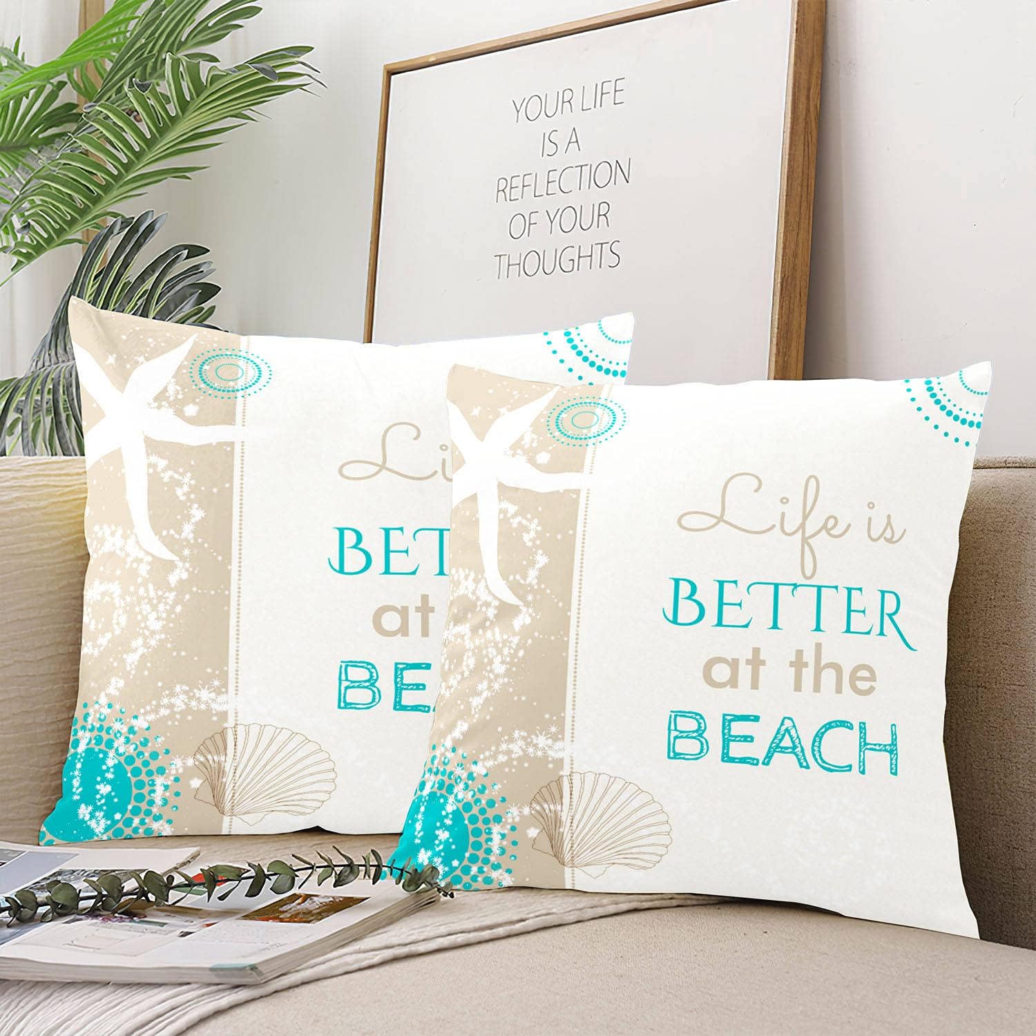 Romantic Life is Better at The Beach Hidden Zipper Home Sofa Decorative Set of 2 Throw Pillow Cover Cushion Case 26x26 Inch Square Design Polyester Printed Pillowcase
