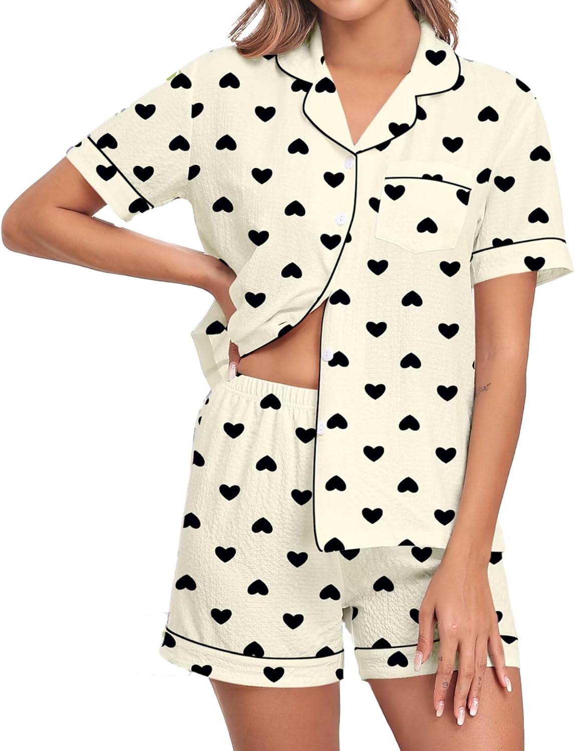SWOMOG Women 2 Piece Pajamas Sets Short Sleeve Pj Sets Cute Printed Sleepwear Button Down Shirt with Lounge Shorts Set
