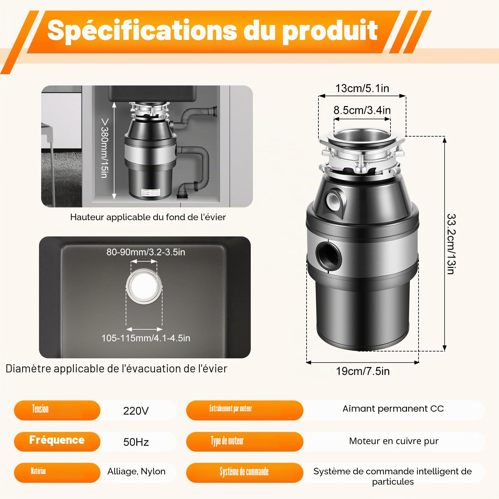 Broyeur d'Évier en Acier Inoxydable pour Déchets Alimentaires, Restes, Cuisine, Salle de Bain, Dissipateur de Résidus Alimentaires pour la Maison, Traitement Antibactérien et