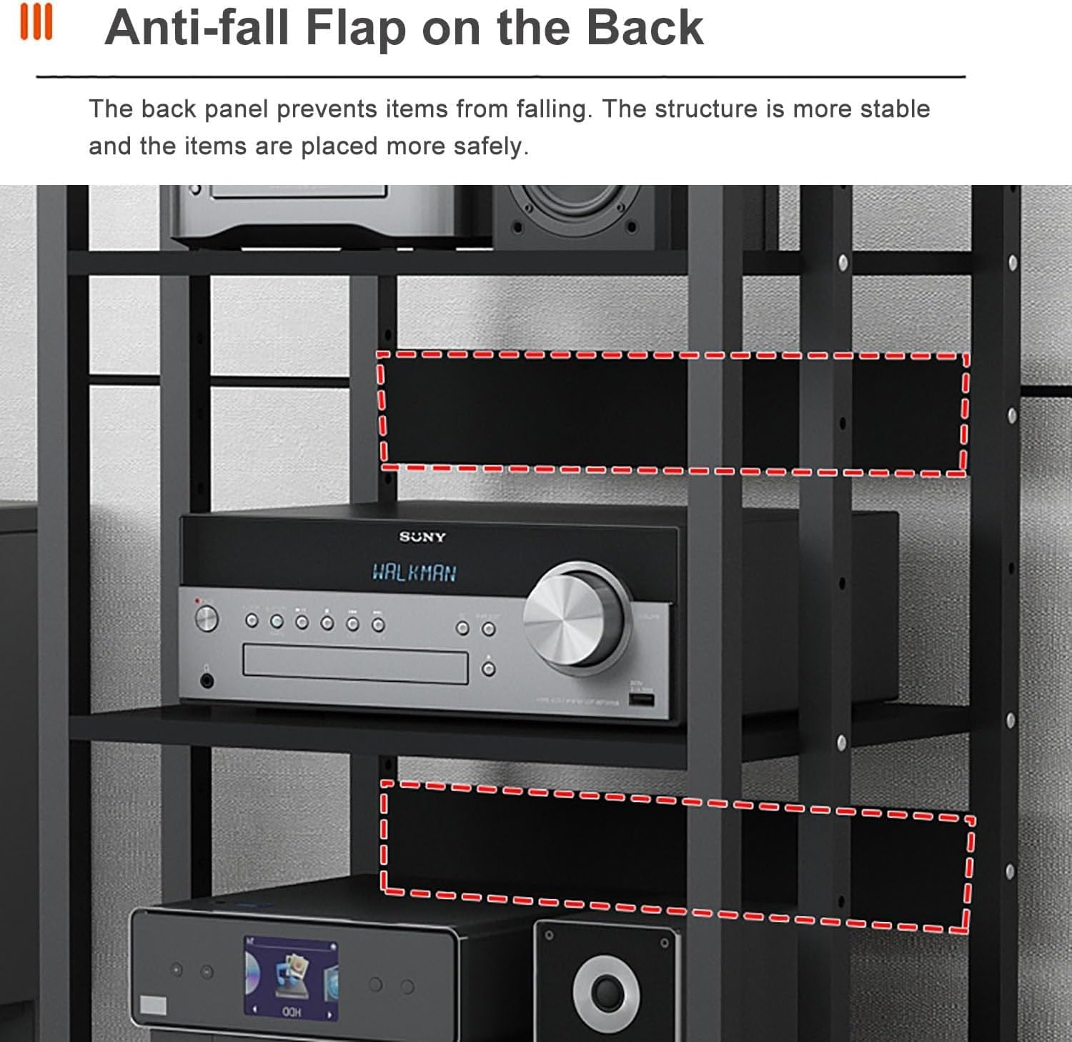 5-Tier AV Media Stand, Audio-Video Shelving Adjustable, Rolling AV Rack Electronics Equipment Shelf Stereo Cabinet for Living, Gaming, Recording Room (Black)