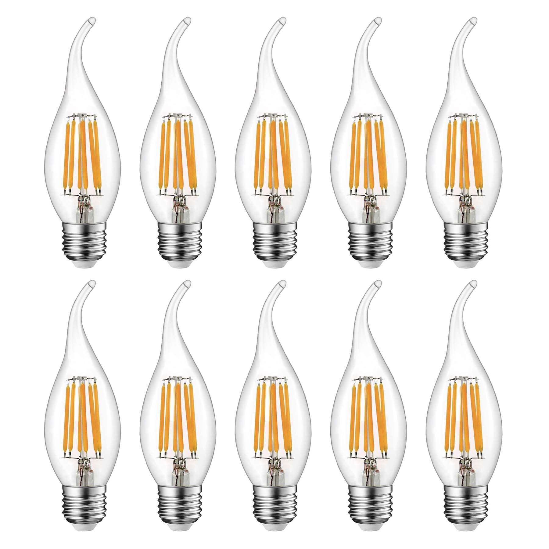 G.W.S® LED Filament Bulb, C35 E27 Edison Screw, LED Flame Tip Candle Bulb, 6W Dimmable Day White 6500K, Clear Glass, Pack of 10