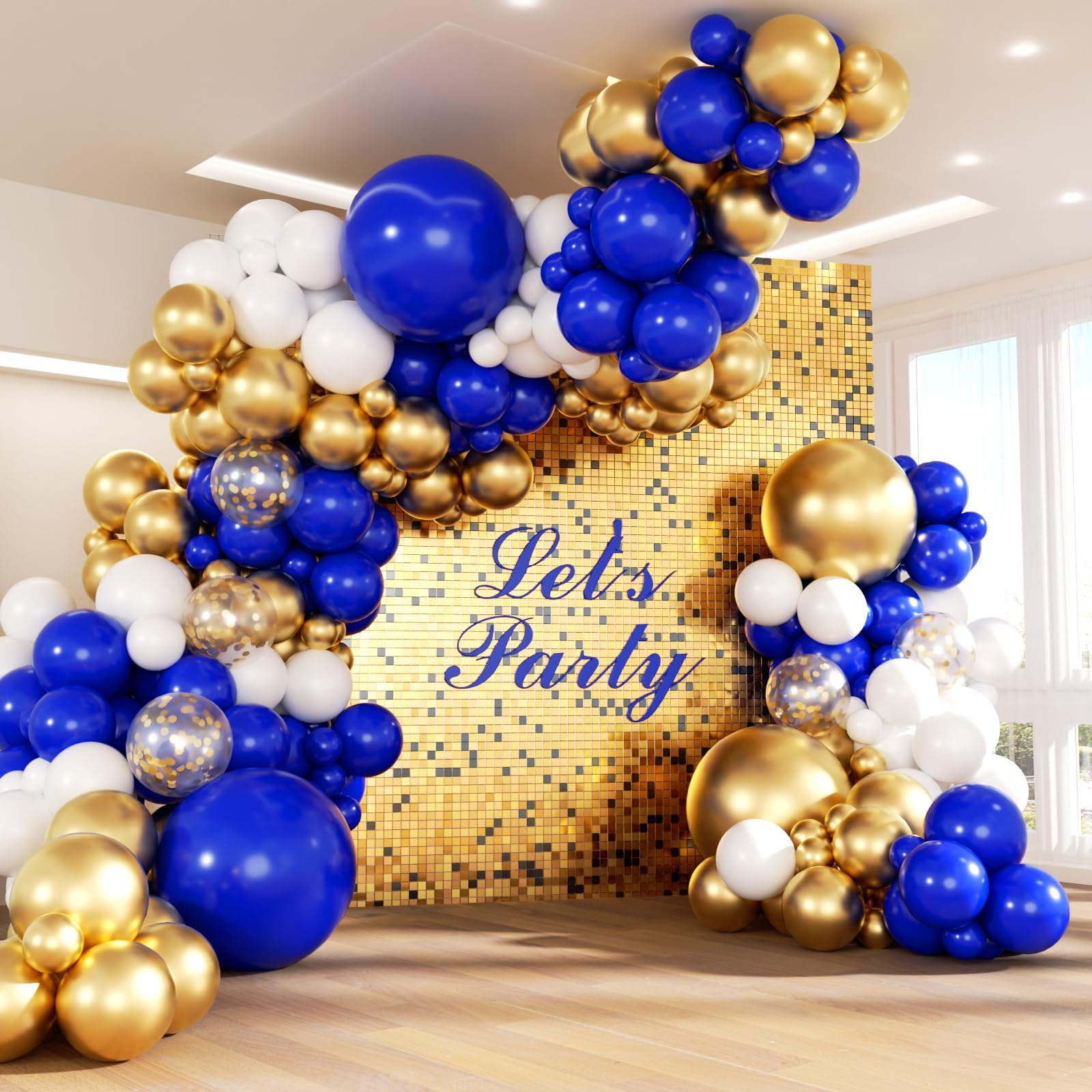 Vicduotex 147pcs Royal Blue and Gold Balloons Arch Garland Kit, 18 12 10 5 inch Navy Blue Metallic Gold White for Graduation Baby Showr Decorations