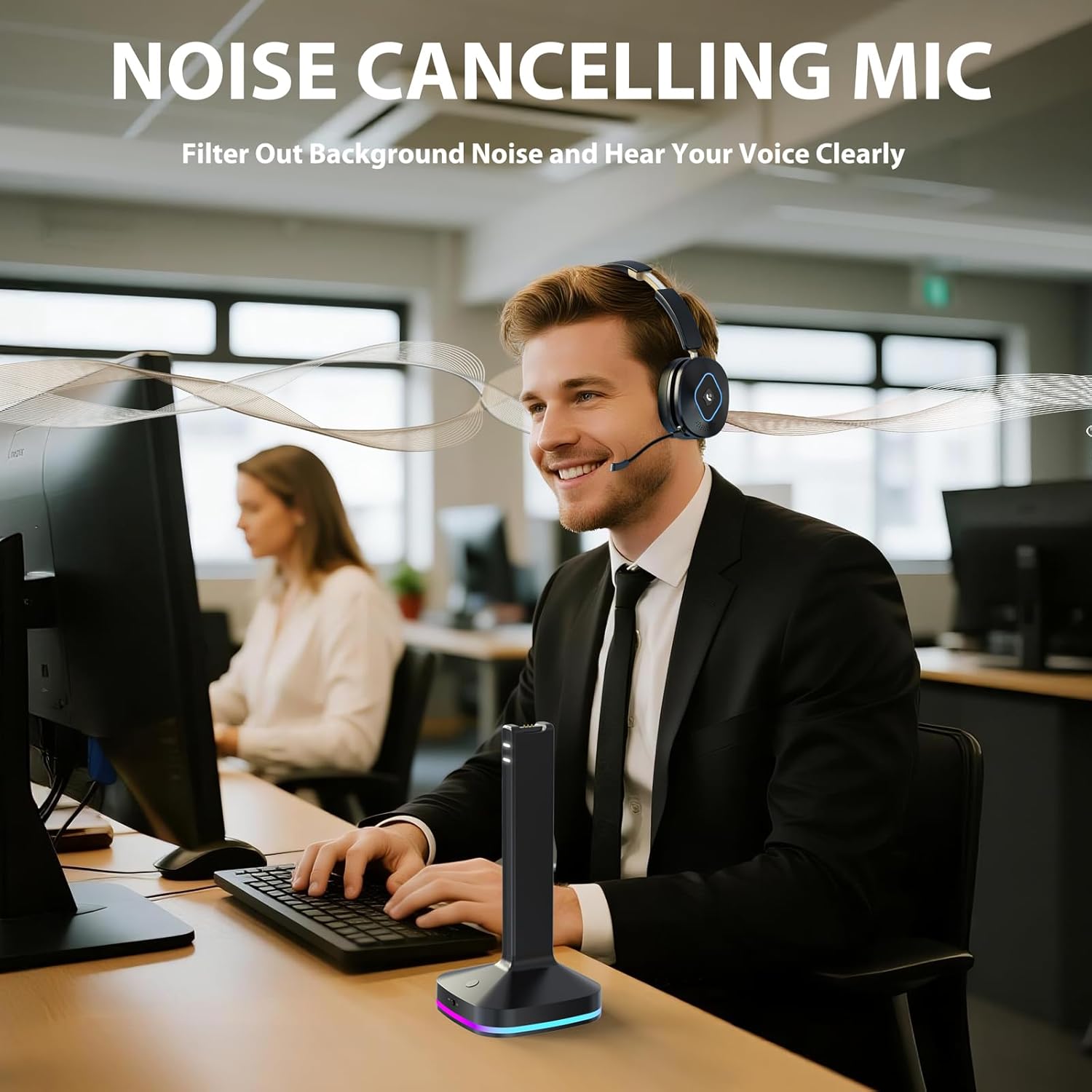 Earbay Wireless Headset with Mic for Work, V6.0 Bluetooth Headset with Microphone (Noise Cancelling & Mute), Wireless Headphones with RGB Charging Dock for Work from Home/Office/PC/Call Center/Laptop