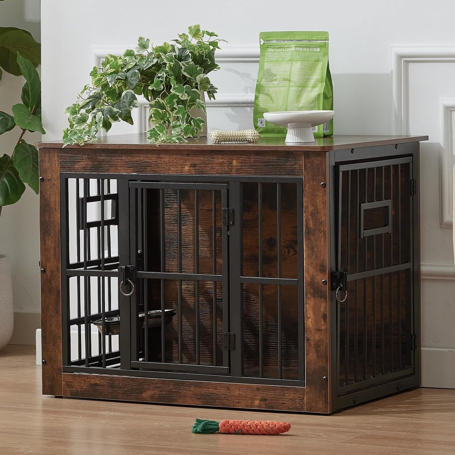 Gardner Pet Dog Crate Furniture,83 cm Heavy Duty Dog Cage,Three Door Wooden Dog Kennel Indoor End Side Table,with 360°Rotating & Adjustable Height Feeder 2 Bowls for Medium Dogs,Rustic Brown