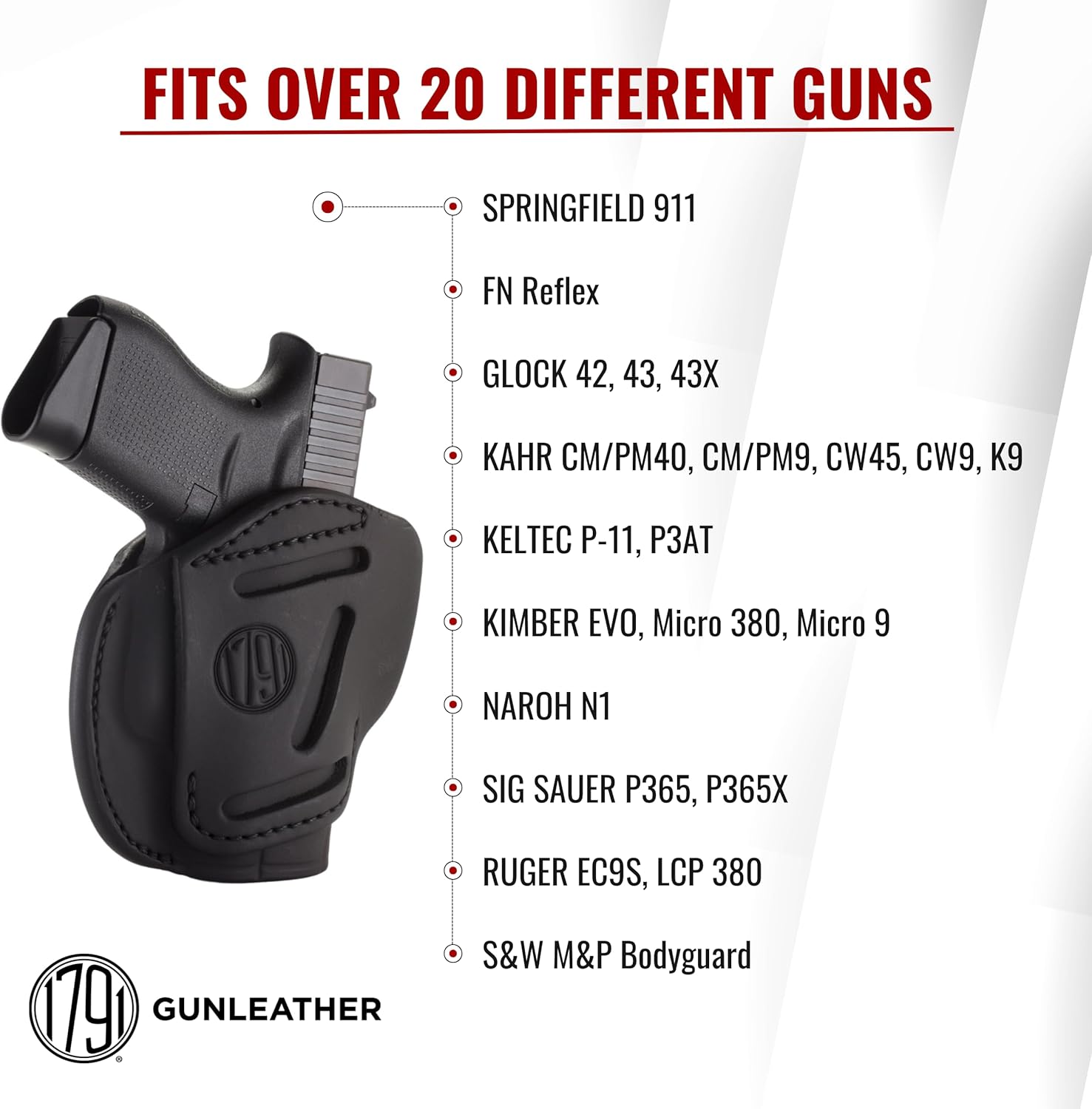 1791 GunLeather 3-Way G43 Holster - OWB CCW Ambidextrous Leather Gun Holster - Fits Glock 43, Glock 42, Kahr CW380 and S&W Bodyguard