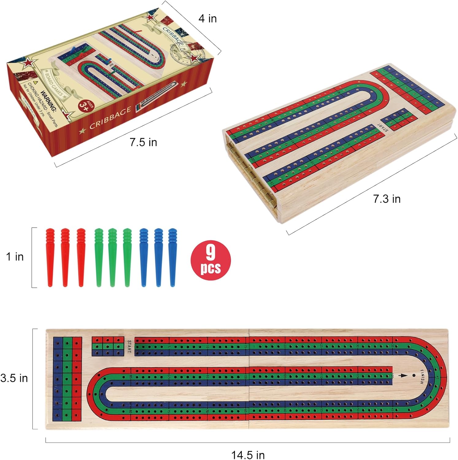 GOTHINK Folding Cribbage Board Game Set, Classic Wooden Cribbage Boards Game for Family Fun, 9 Multi-Colored Pegs, 3 Tracks, Red Green Blue Pegs for 2-3 Players