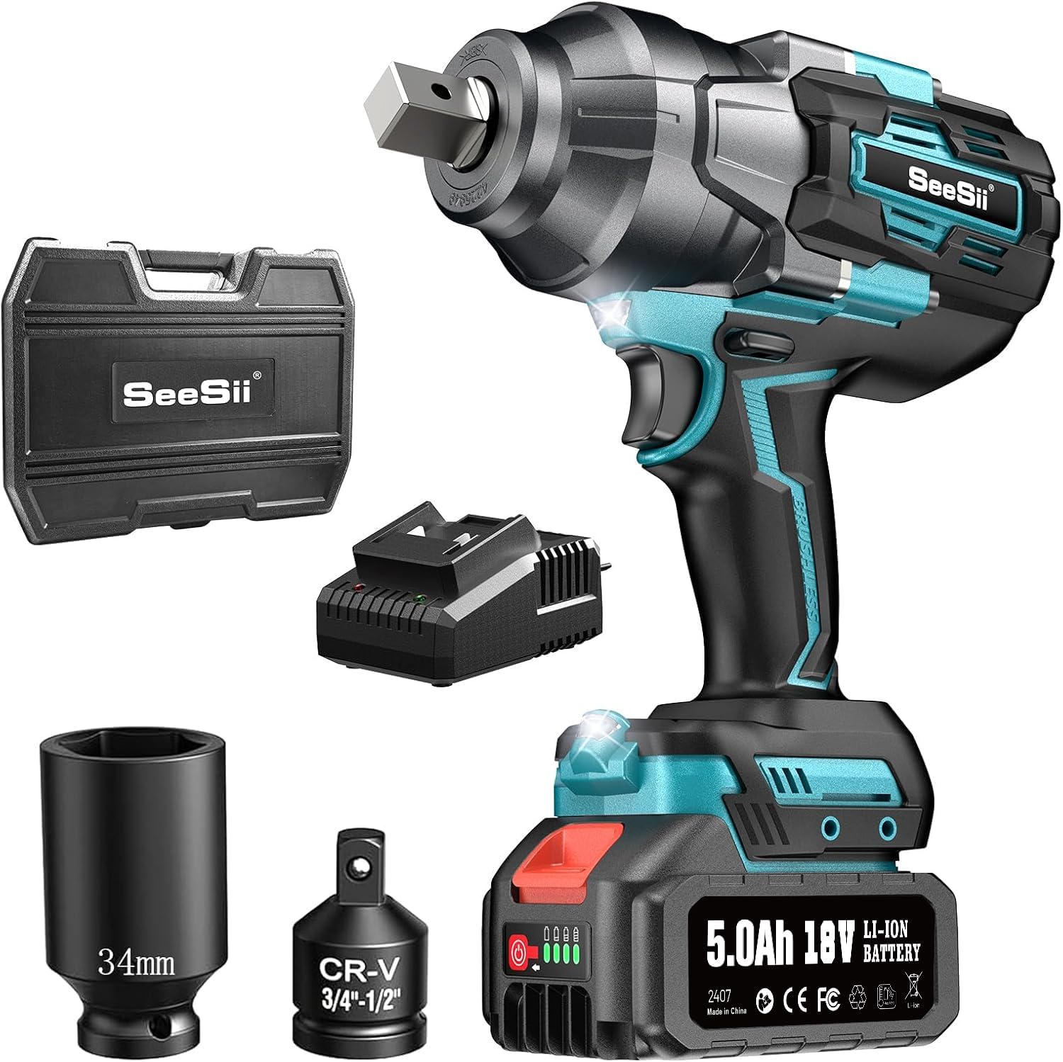Seesii Cordless Impact Wrench, 1180Ft-lbs(1600N.m) High Torque Impact Gun 3/4", Brushless Impact Wrench w/ 5.0Ah Battery Fast Charger, Electric Impact Wrench for Truck