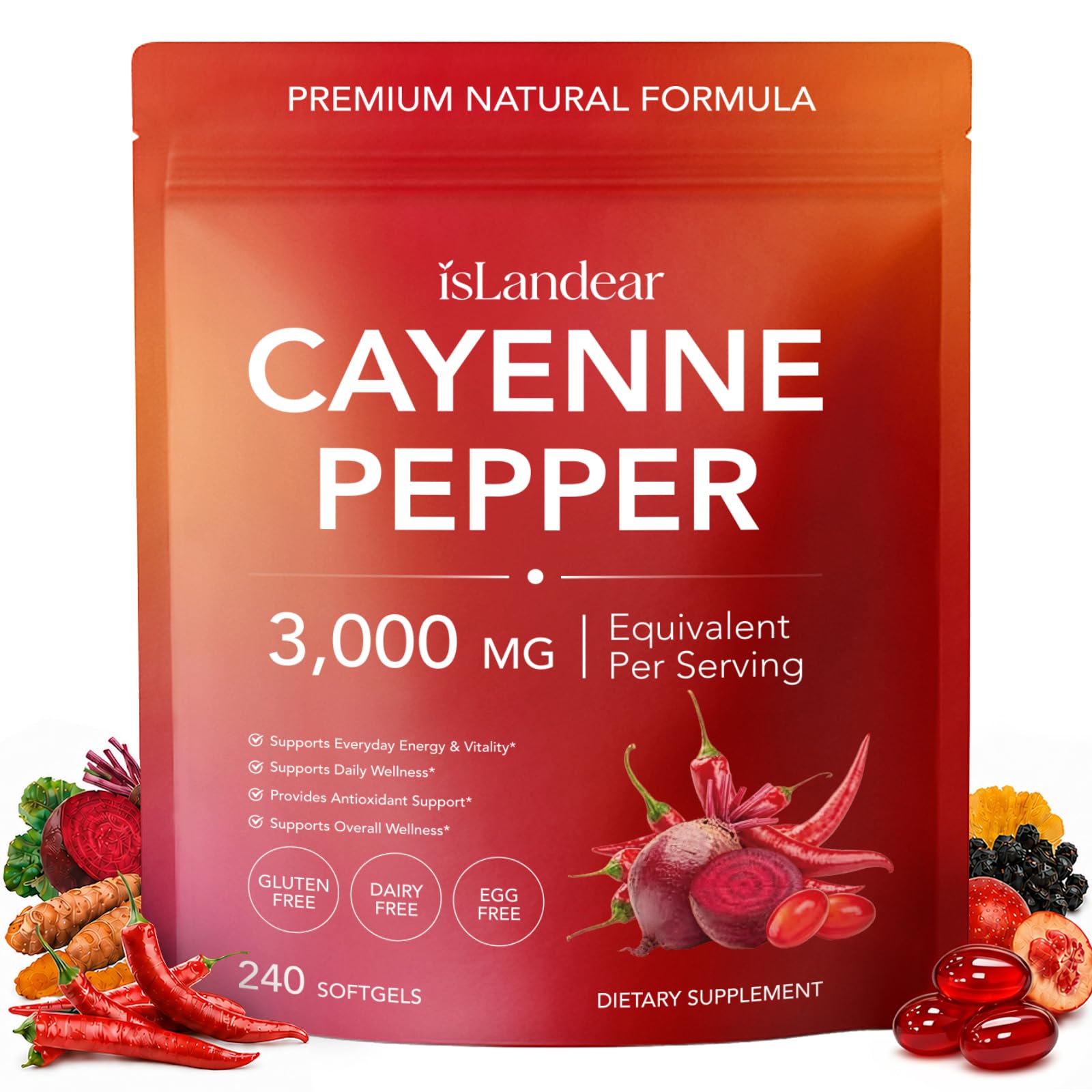 isLandear Suplemento de Pimenta-Caiena com Beterraba, Espinheiro-Alvar, Cúrcuma, Pimenta-Preta e Vitaminas D3, K2 e E, 240 cápsulas gelatinosas