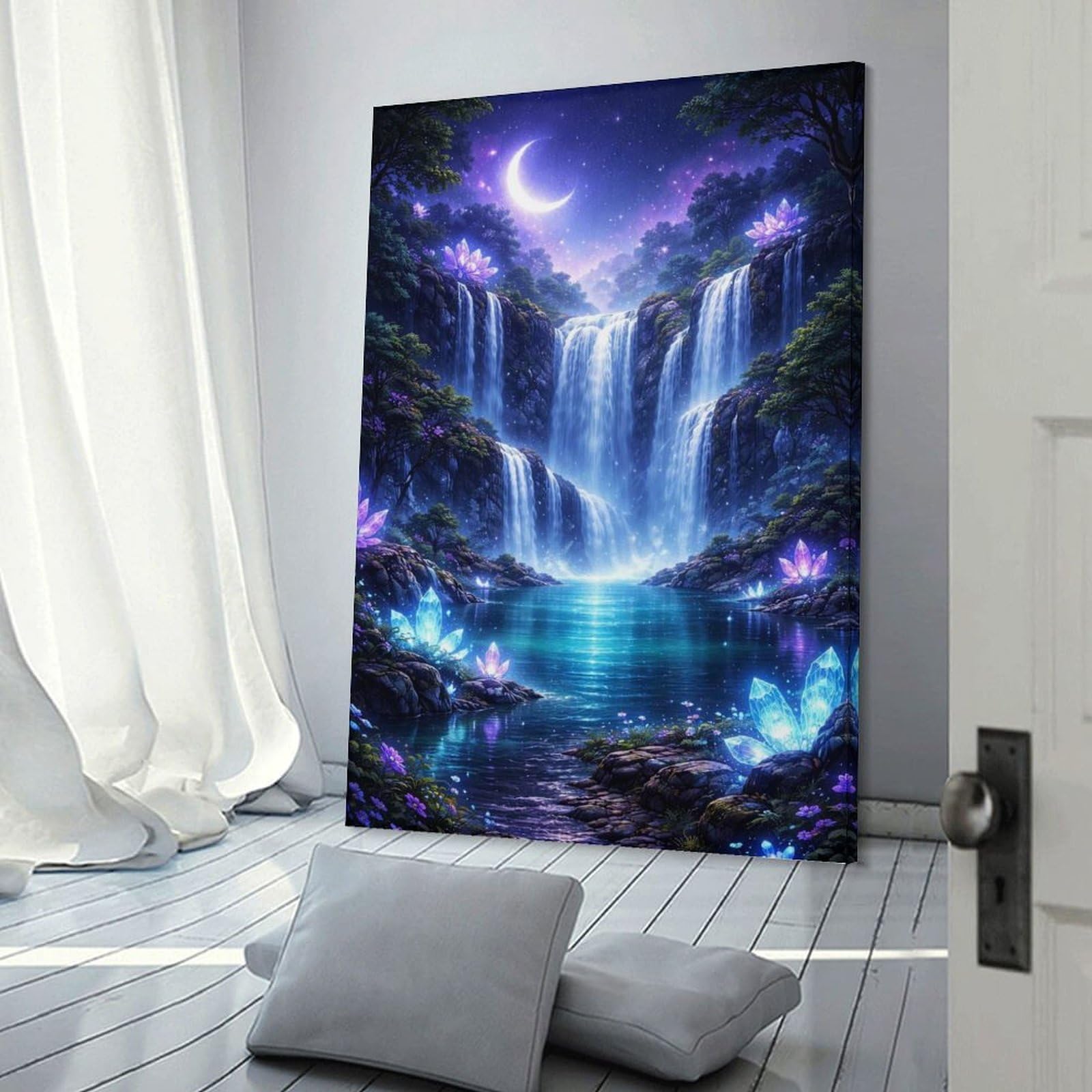 Junmoney Frame-Style-2 Hanging Wall Art Waterfall Under A Crescent Moon, 08X12inch(20X30cm), For Entryway, Lounge Links Or Small Walls, A Neat Decor Update For Hallways