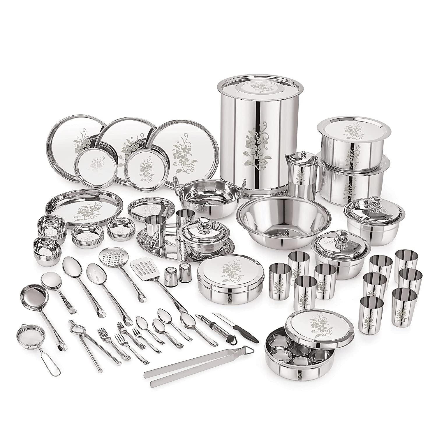 Tannu Craft Dinner Set 101 psc Stainless Steel Wedding Set for Gift Combo Pack 101 psc Dinner Sets