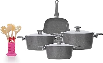 طقم أواني الطبخ من توب شيف، مصنوع من الجرانيت باللون الرمادي، يتميز بطلاء الجرانيت وبناء متعدد الطبقات، مكون من 7 قطع