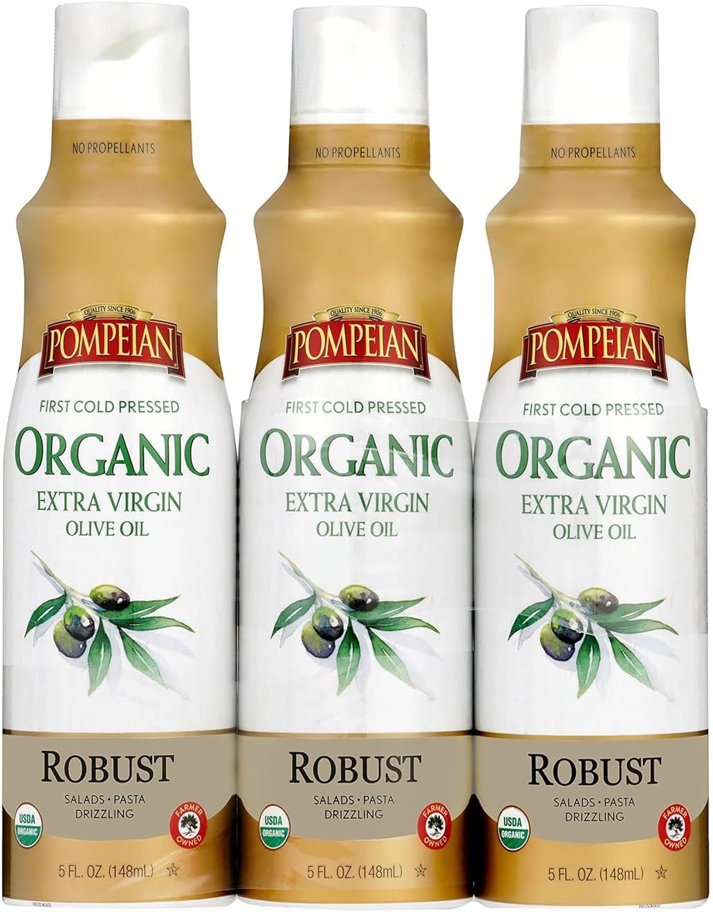 Robust Organic Extra Virgin Olive Oil Spray - (3 Pack) 5 fl oz - No Propellants - First Cold Pressed Olive Oil for Cooking - Robust Flavor for Salads, Pasta, and Drizzling
